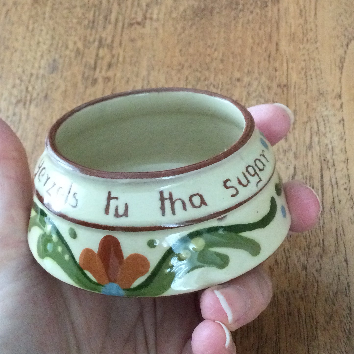 Longpark Torquay Devon pottery rustic open sugar bowl. Motto ware. Scandy Art Nouveau design.