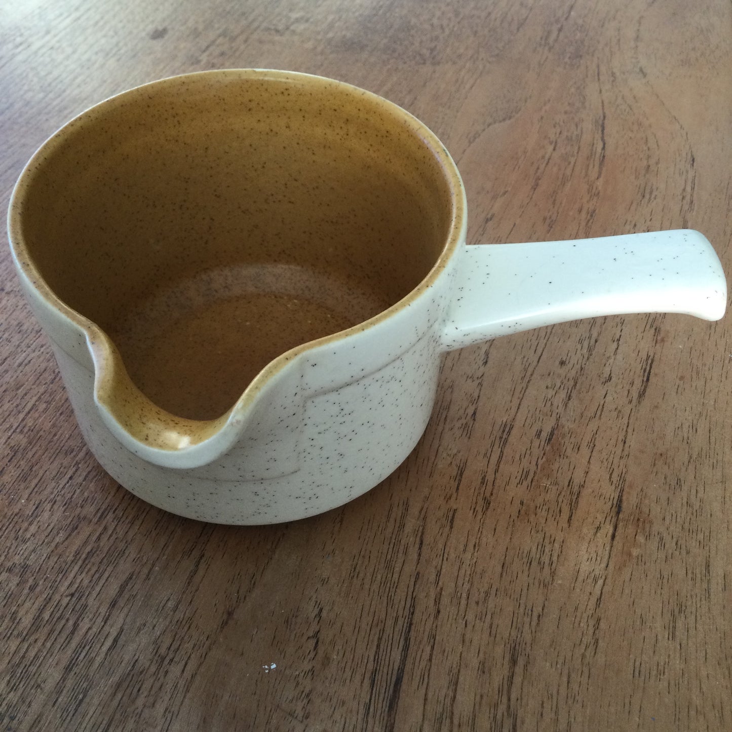 Royal Worcester Palissy 'Kalabar' Sauce / Gravy Boat. 1970s casual tableware. Rustic browns and creams, speckled finish.