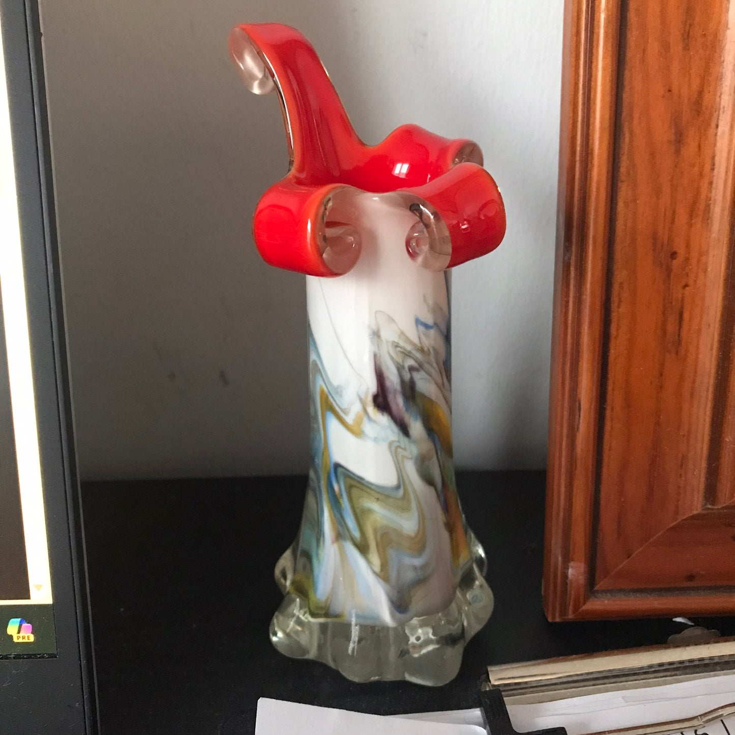 Pair of retro marble effect coloured glass bud vases / candlesticks. Murano style with orange inside.