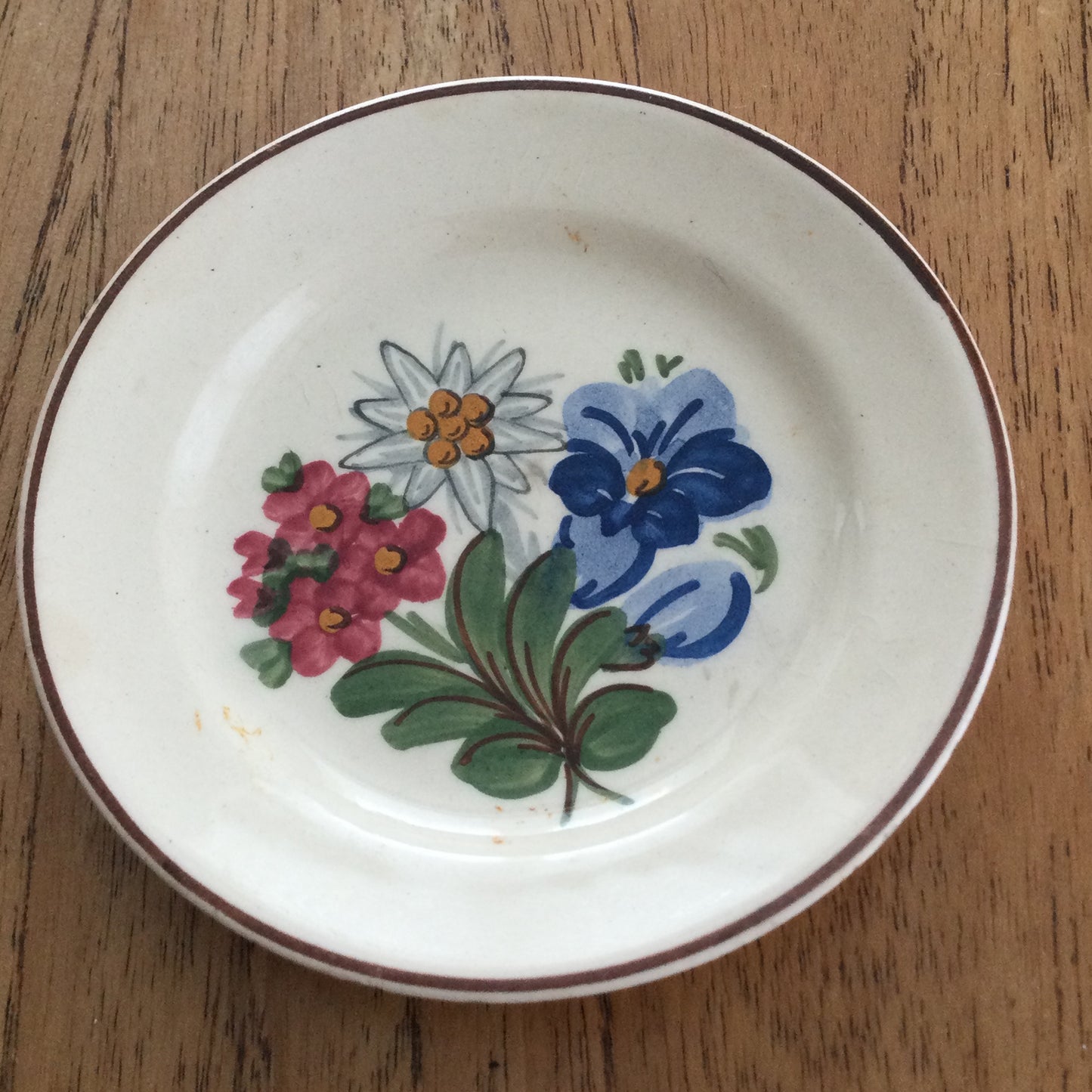 Pretty Vintage Hand Painted Austrian Floral China Coaster / Pin Dish. Schwazer Majolika Tirol. 60s 70s 80s. Rustic Style.