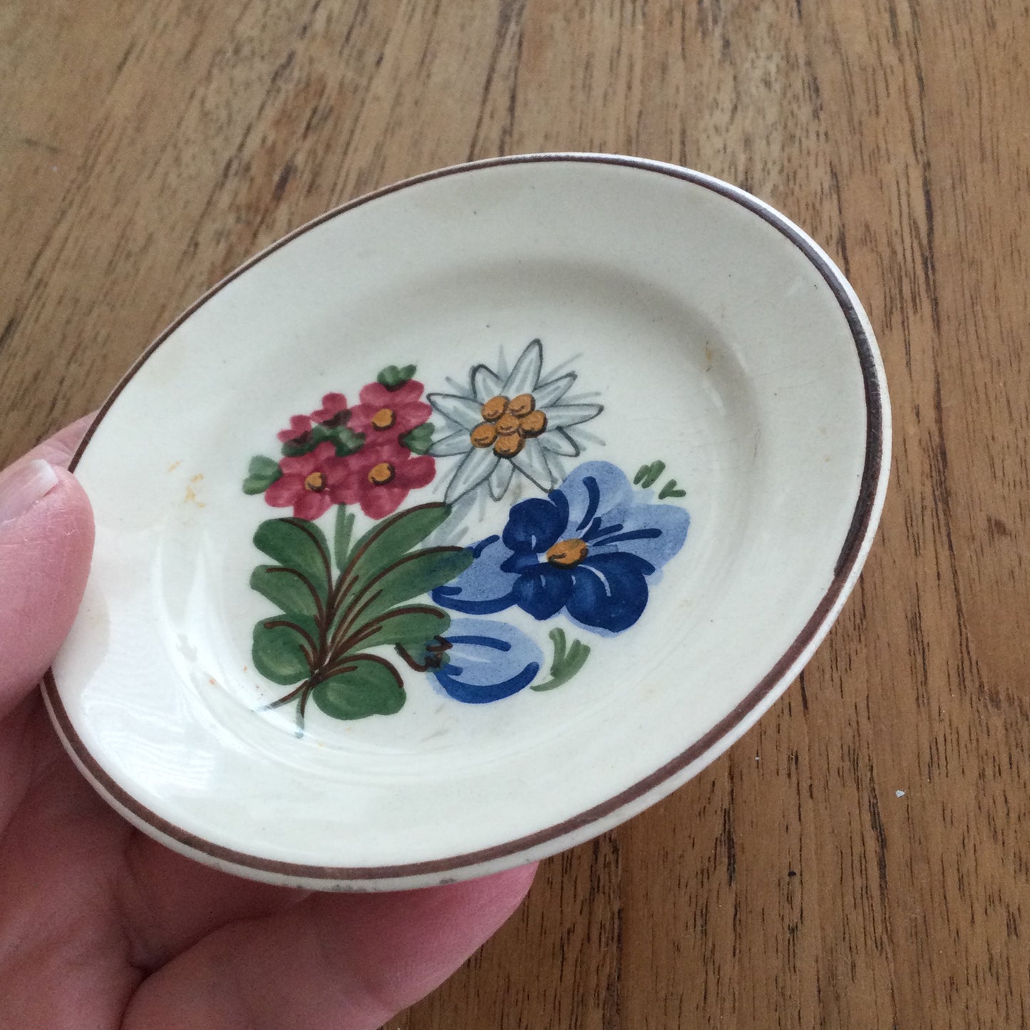 Pretty Vintage Hand Painted Austrian Floral China Coaster / Pin Dish. Schwazer Majolika Tirol. 60s 70s 80s. Rustic Style.