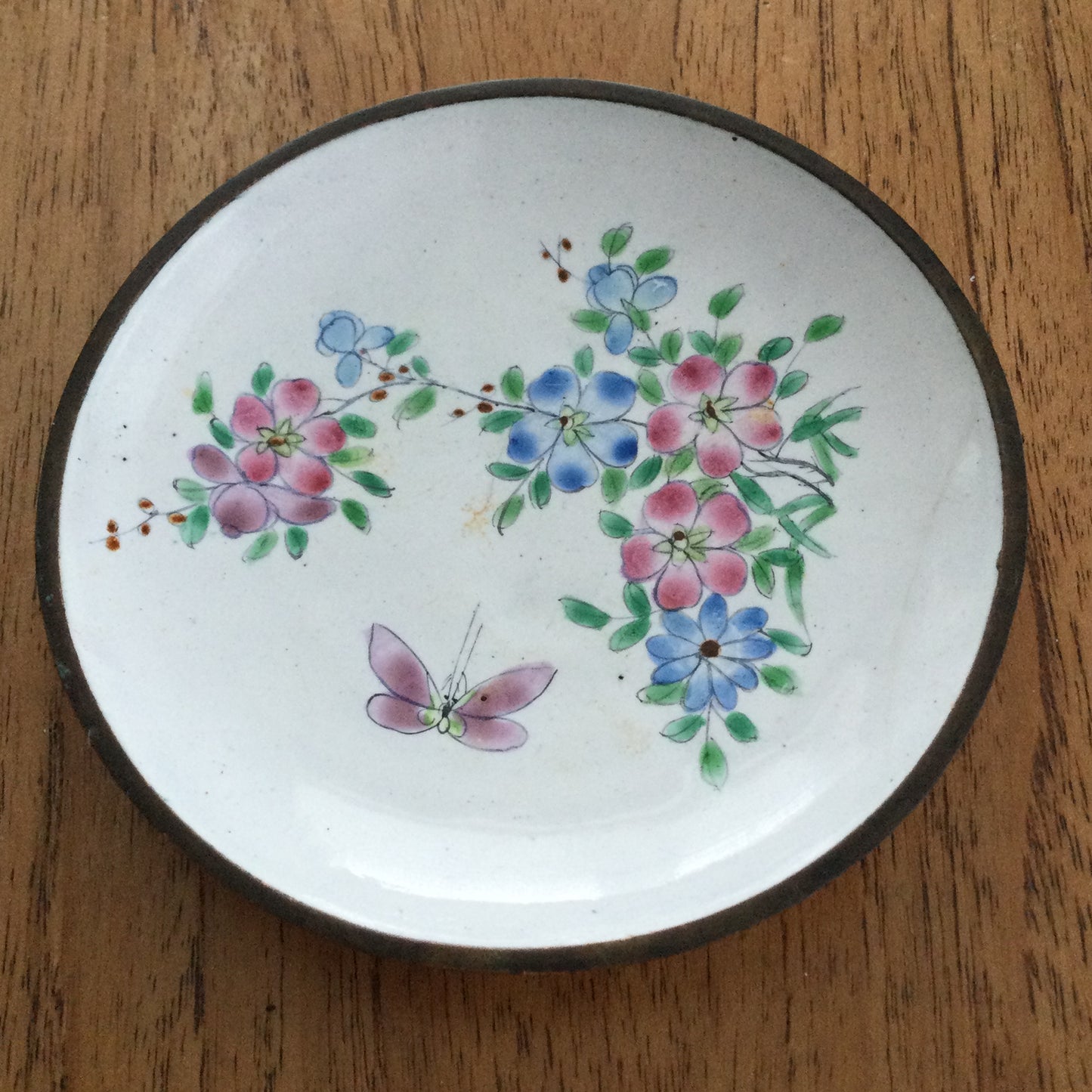 Chinese hand painted metal pin dish. Floral design with butterfly. Pastel pinks, blues, greens. Vintage.