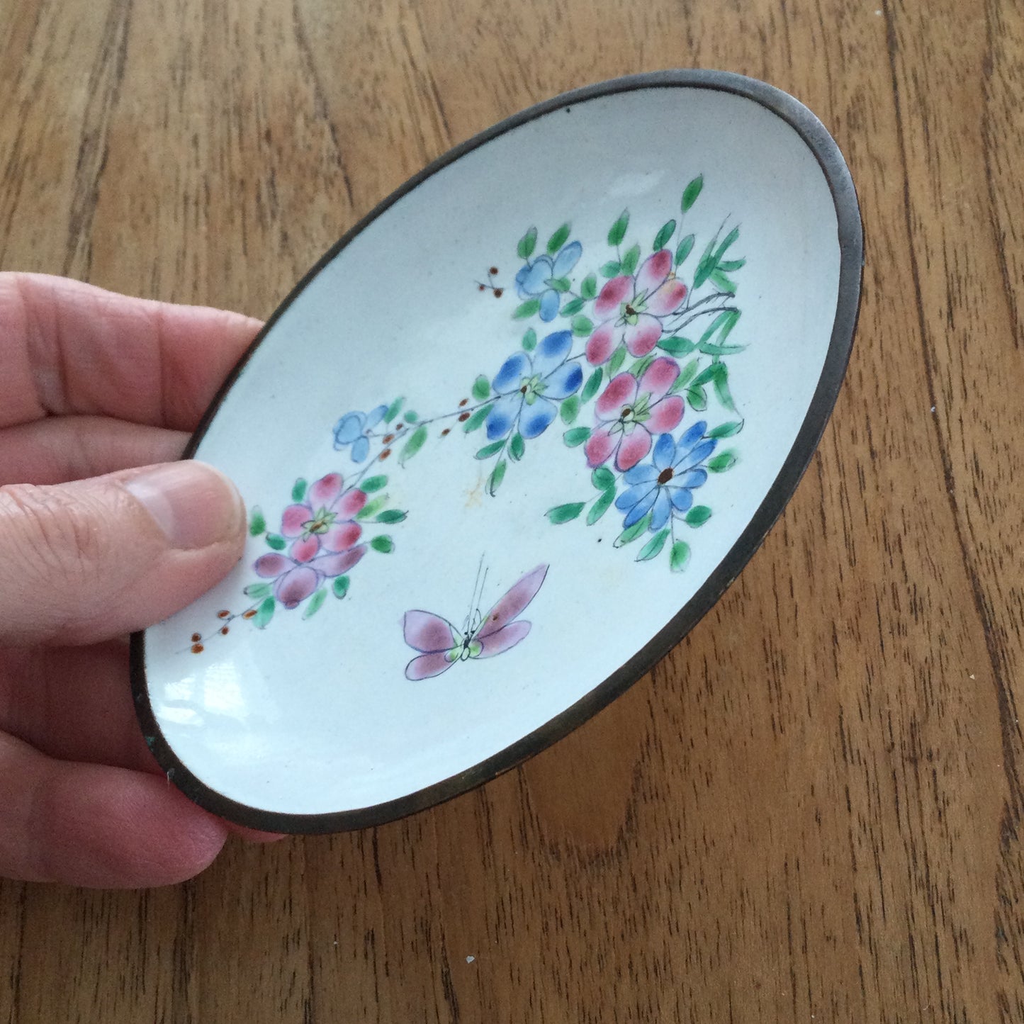 Chinese hand painted metal pin dish. Floral design with butterfly. Pastel pinks, blues, greens. Vintage.