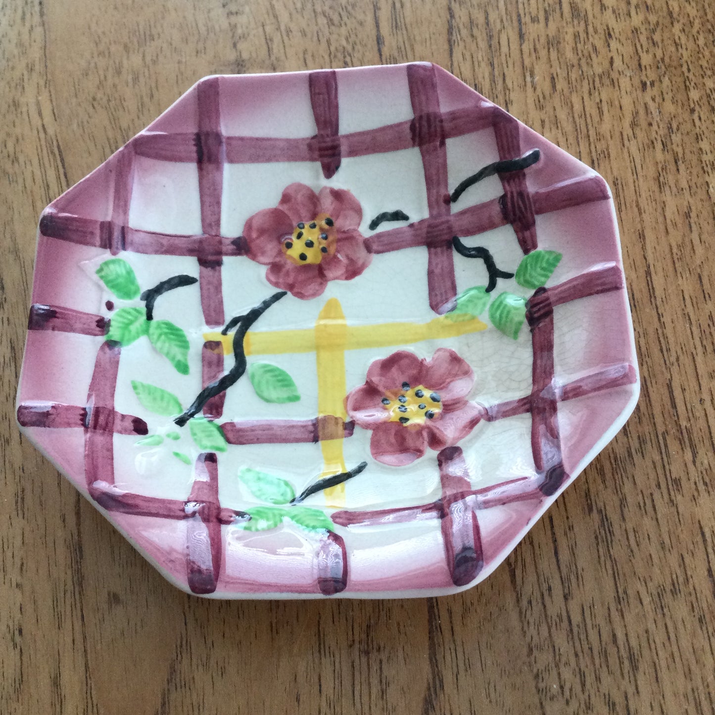 Vintage Avon Ware Trinket Dish / Soap Dish / Small Bowl. Raised trellis design with blossom flowers. Plum, Green and Yellow