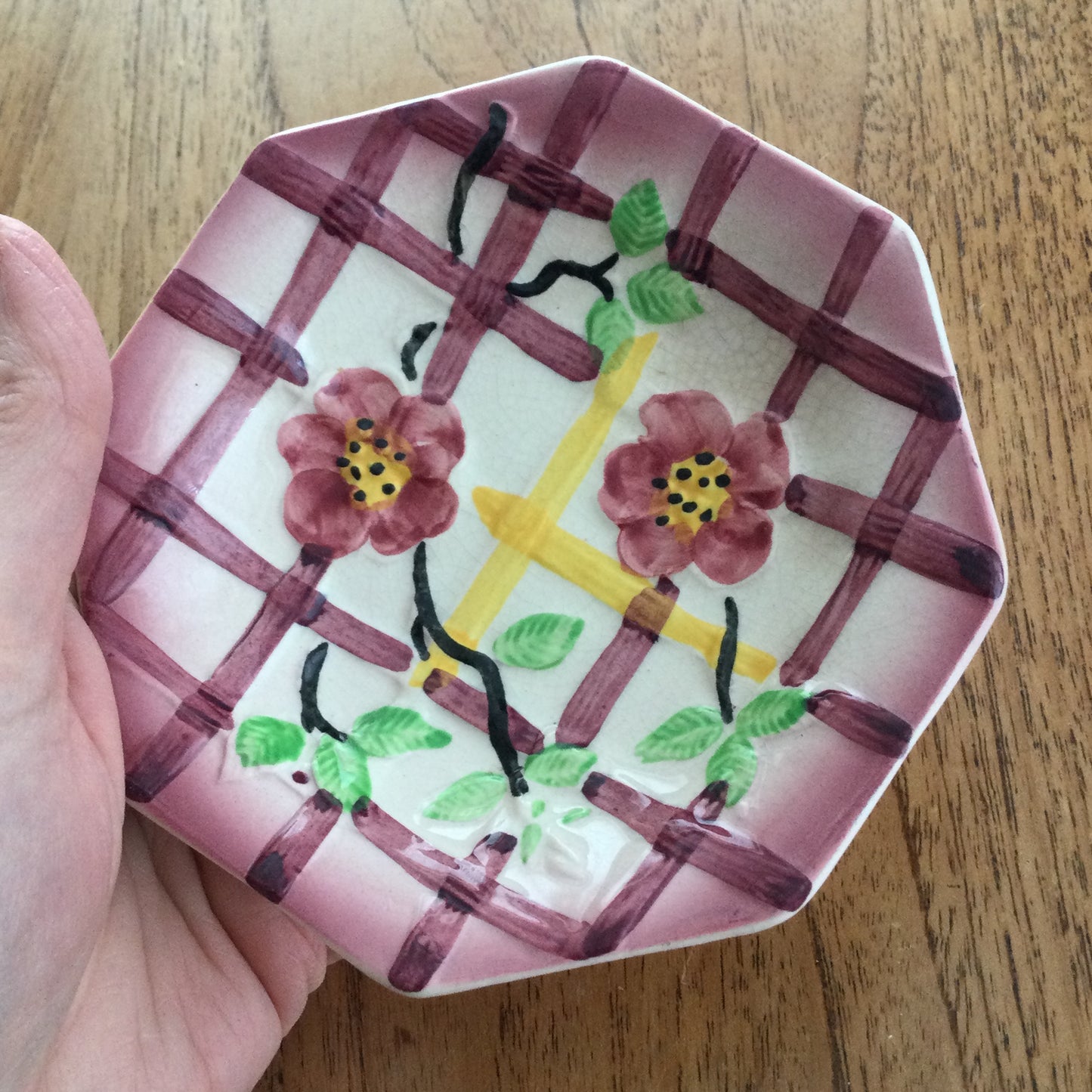 Vintage Avon Ware Trinket Dish / Soap Dish / Small Bowl. Raised trellis design with blossom flowers. Plum, Green and Yellow
