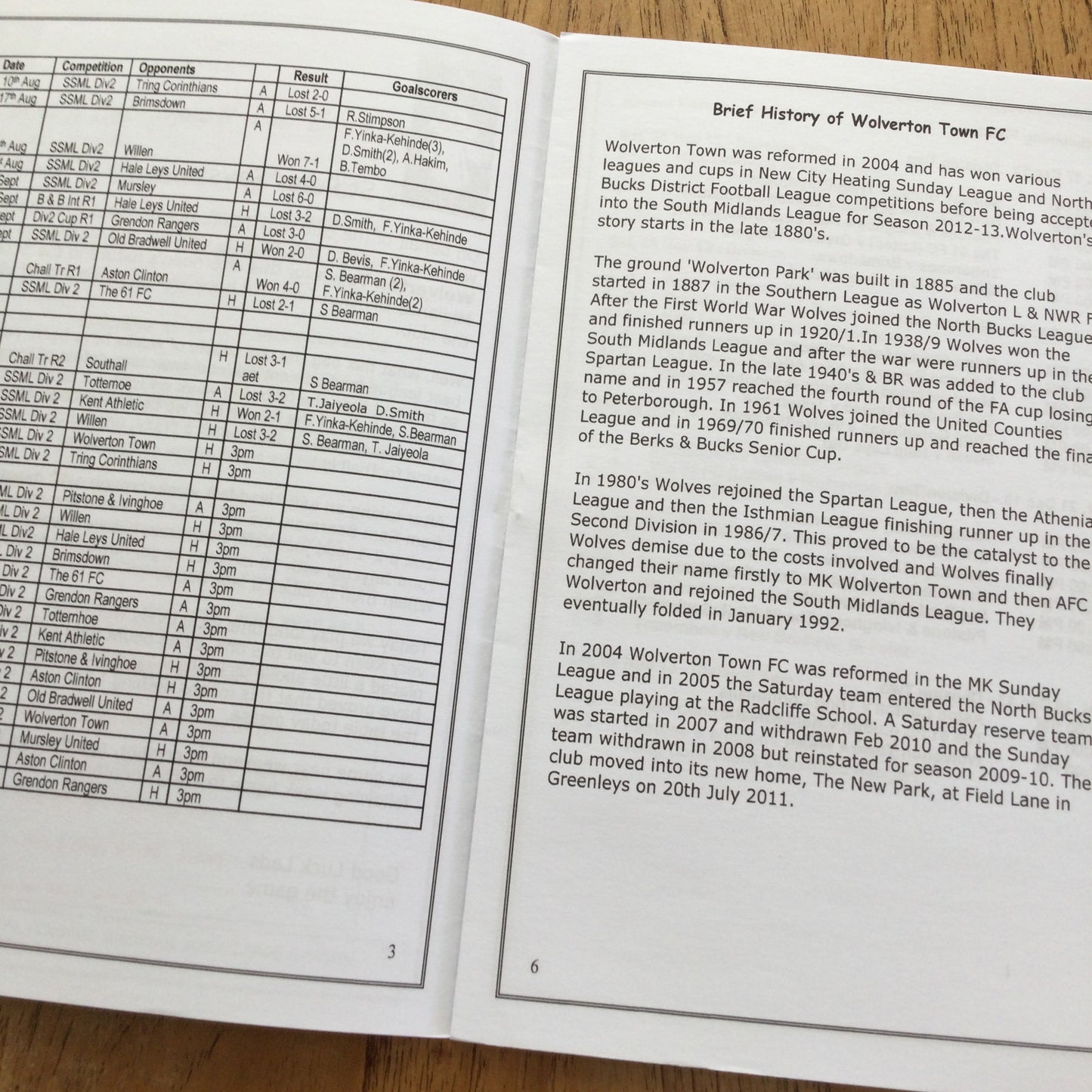 New Bradwell St.Peter v Wolverton Town Football Programme. 2013. Sam Bearman, Tomi Jaiyeola