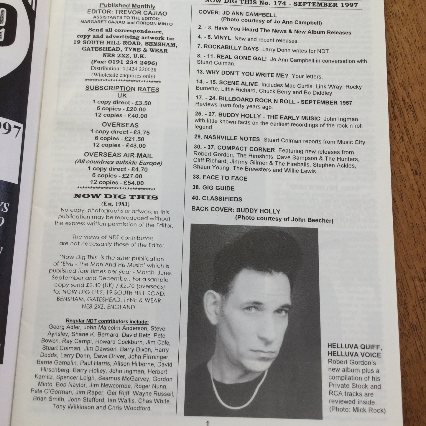 'Now Dig This' Magazine no. 174. September 1997. Rock n Roll mag. Jo Ann Campbell, Buddy Holly