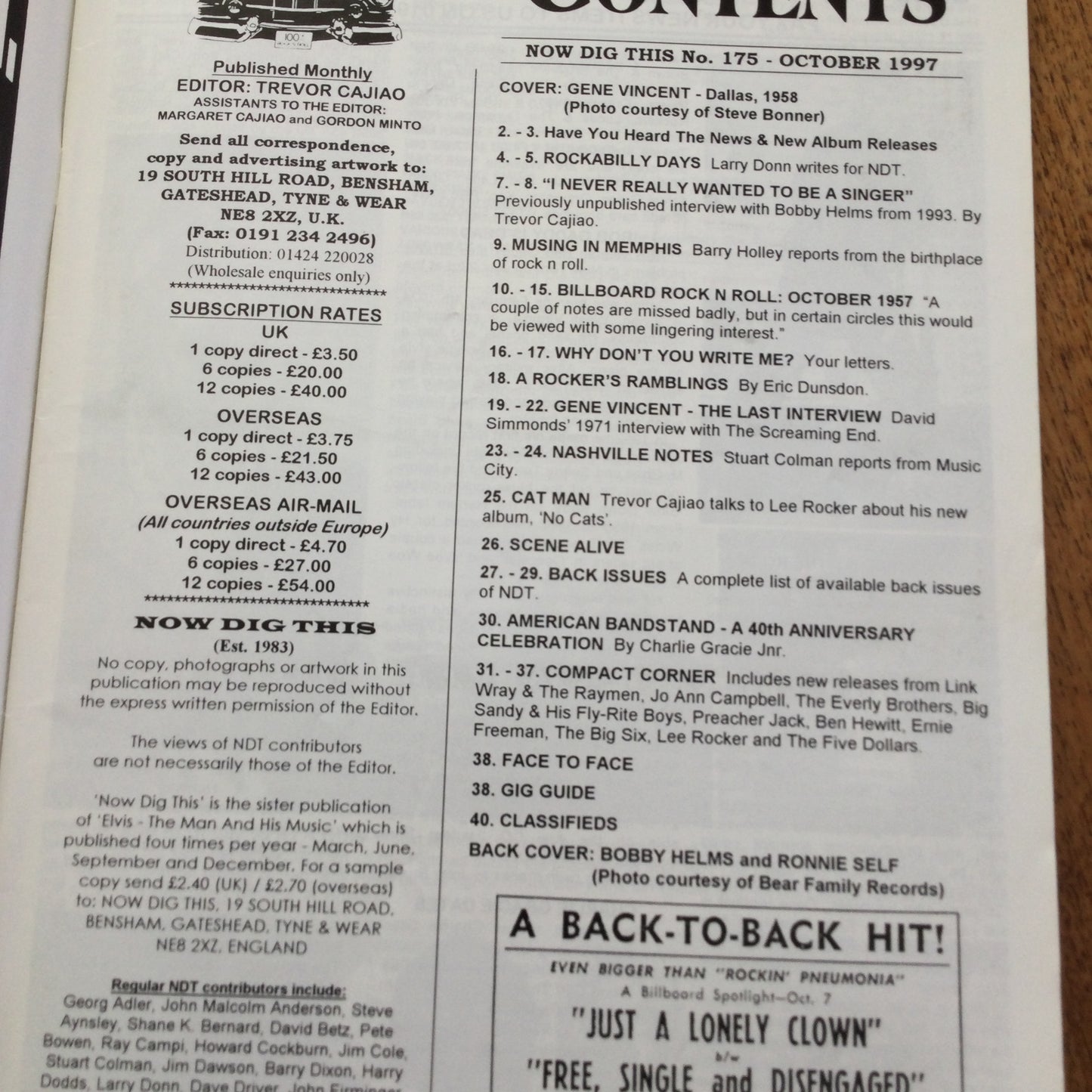 'Now Dig This' Magazine No. 175 October 1997. Rock n Roll Mag. Gene Vincent, Bobby Helms