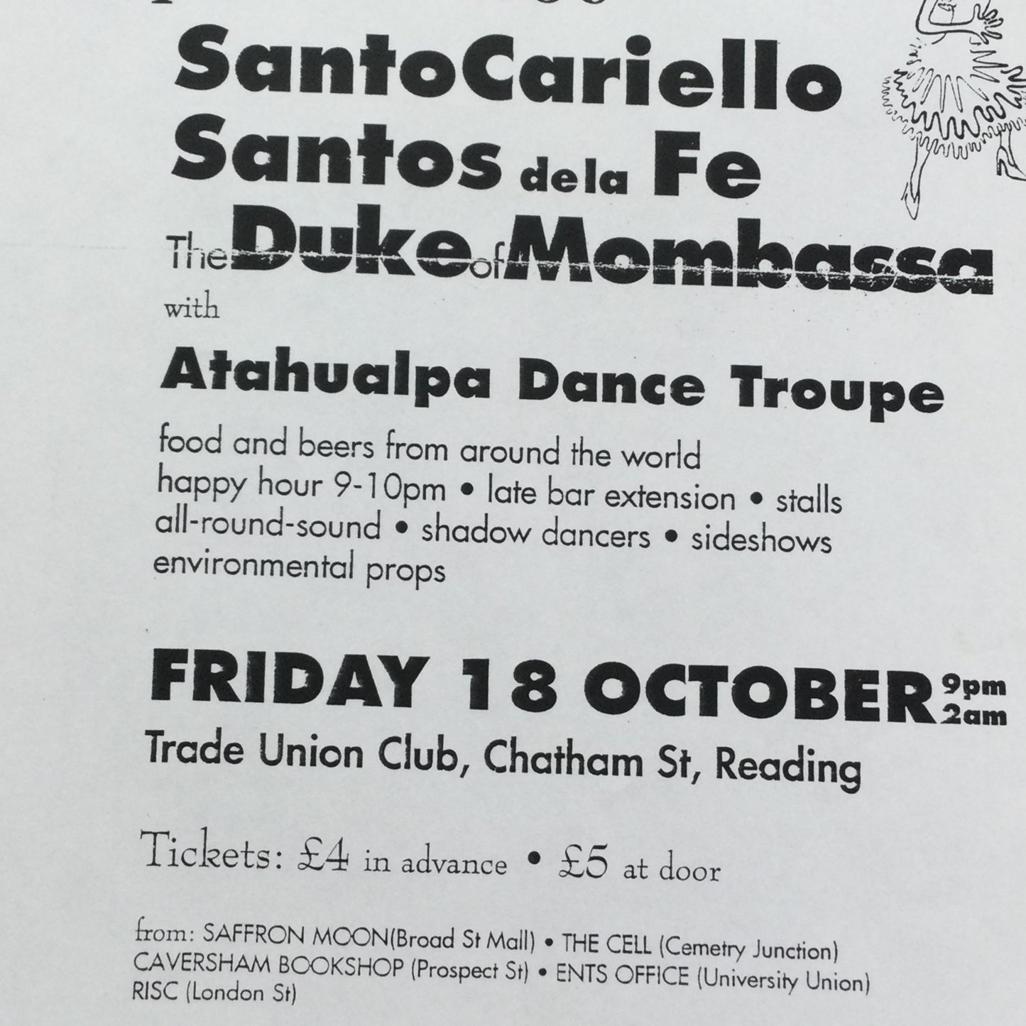 Caramba! Reading World Music Scene Memorabilia. 1990s 90s Flyer 2nd Global Dance Night.