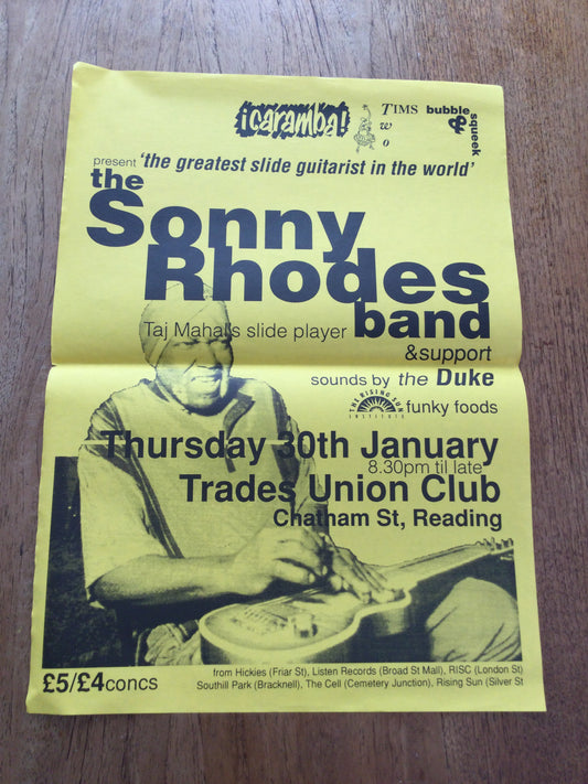 Caramba! Reading World Music Scene Memorabilia. 1990s 90s Poster. Sonny Rhodes Band Taj Mahal's Slide Player