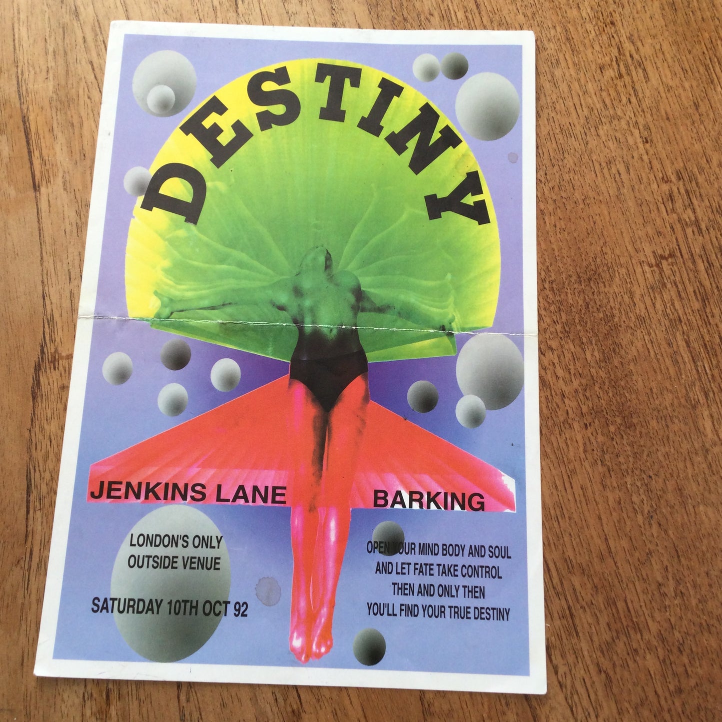 90s Rave Memorabilia. A4 poster for Destiny at Jenkins Lane, Barking, London. 10th October 1992