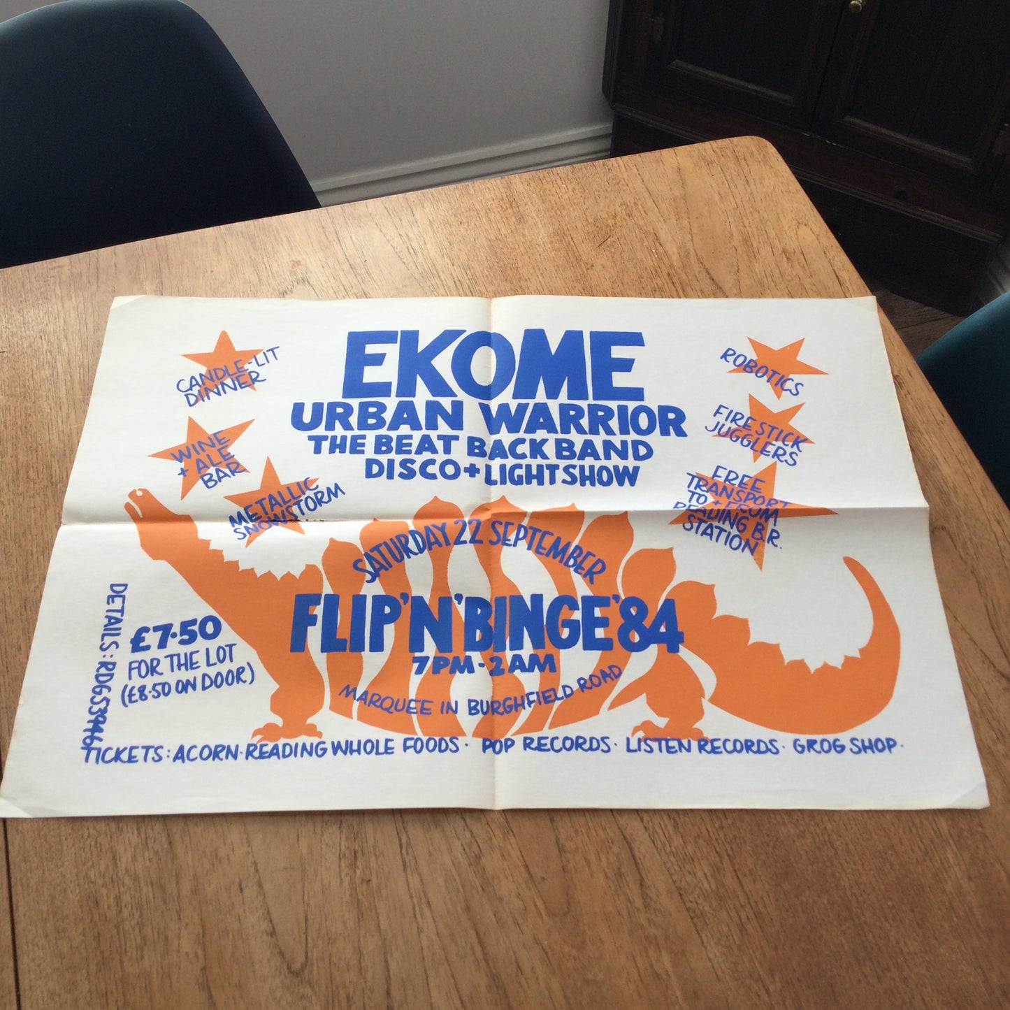 80s Rave memorabilia. Fabulous Silk screen printed A2 poster. Flip n Binge 1984. Burghfield Road, Reading