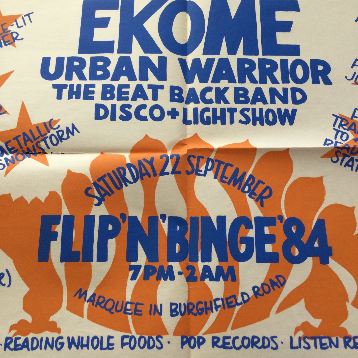 80s Rave memorabilia. Fabulous Silk screen printed A2 poster. Flip n Binge 1984. Burghfield Road, Reading