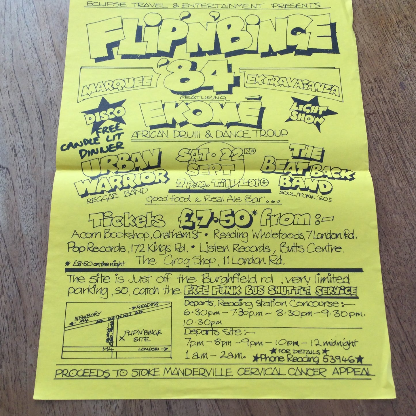 80s World Music / Dance memorabilia. Yellow A3 poster. Flip n Binge 1984. Burghfield Road, Reading