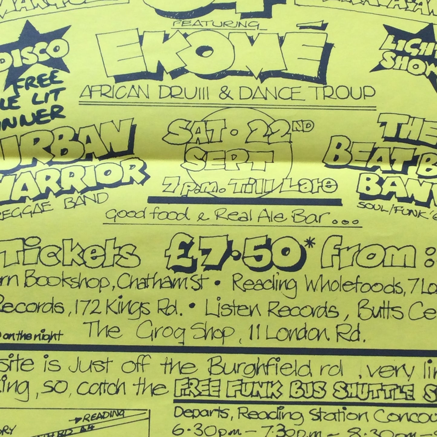 80s World Music / Dance memorabilia. Yellow A3 poster. Flip n Binge 1984. Burghfield Road, Reading