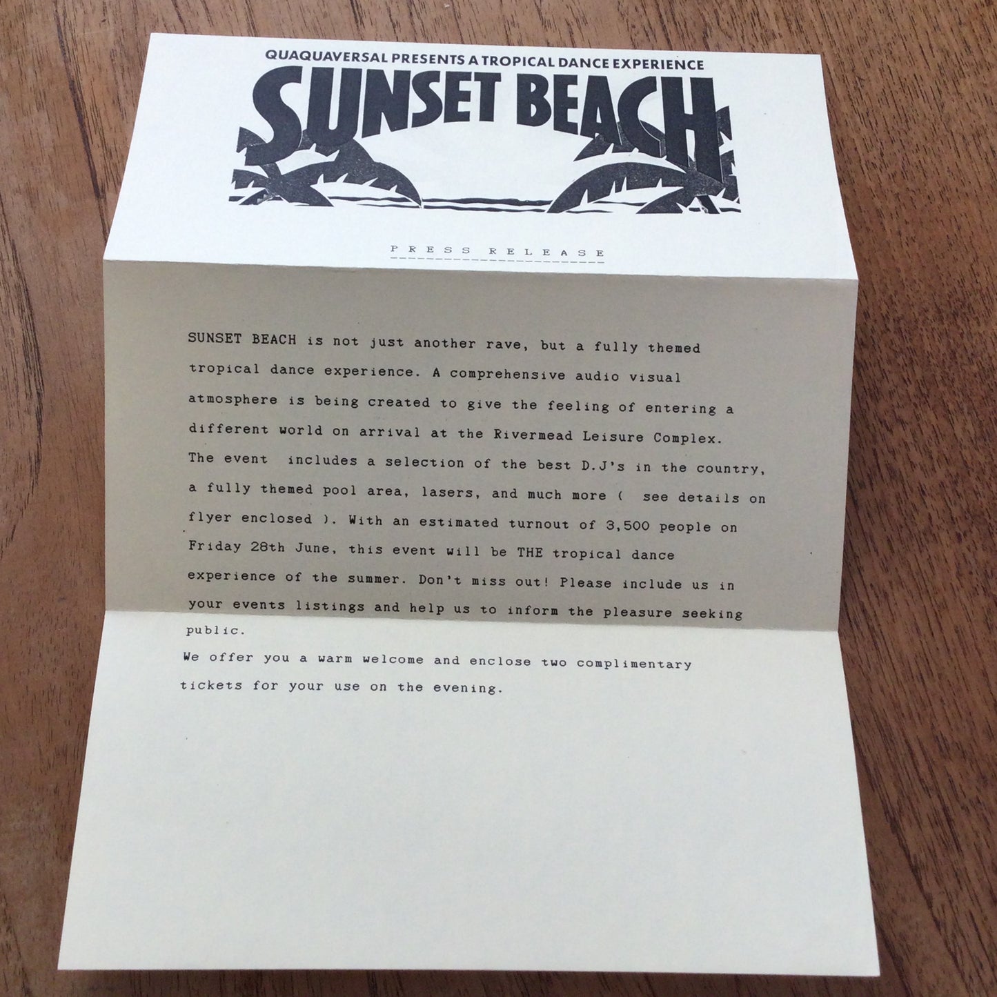 1990s Rave Memorabilia. Sunset Beach, Reading bundle. Flyer, Press release, ticket, quiz. Judge Jules