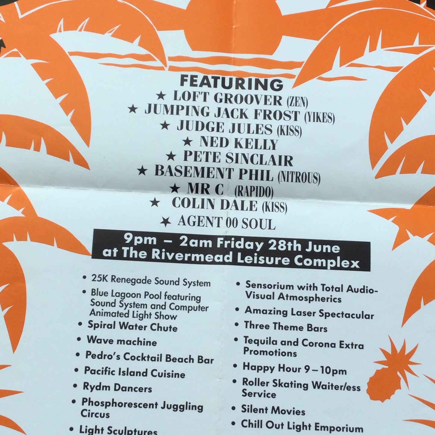 Sunset Beach Club Night Reading A3 poster. 90s clubbing memorabilia. Colin Dale, Judge Jules, Loft Groover