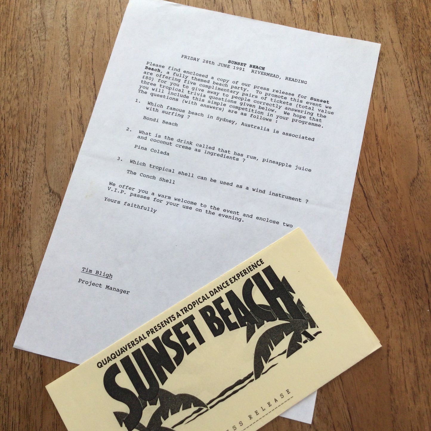 1990s Rave Memorabilia. Sunset Beach, Reading bundle. Flyer, Press release, ticket, quiz. Judge Jules