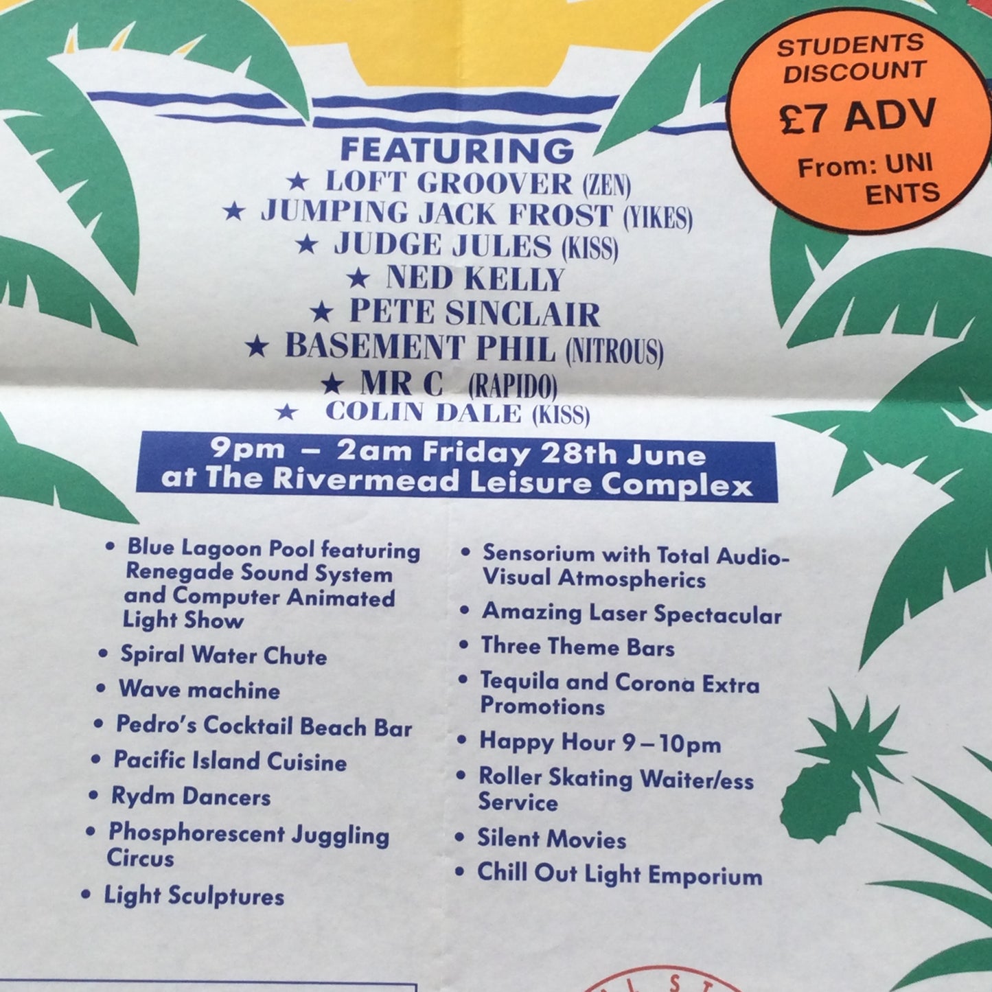 Sunset Beach Club Night Reading A3 poster. 90s clubbing memorabilia. Colin Dale, Judge Jules, Loft Groover