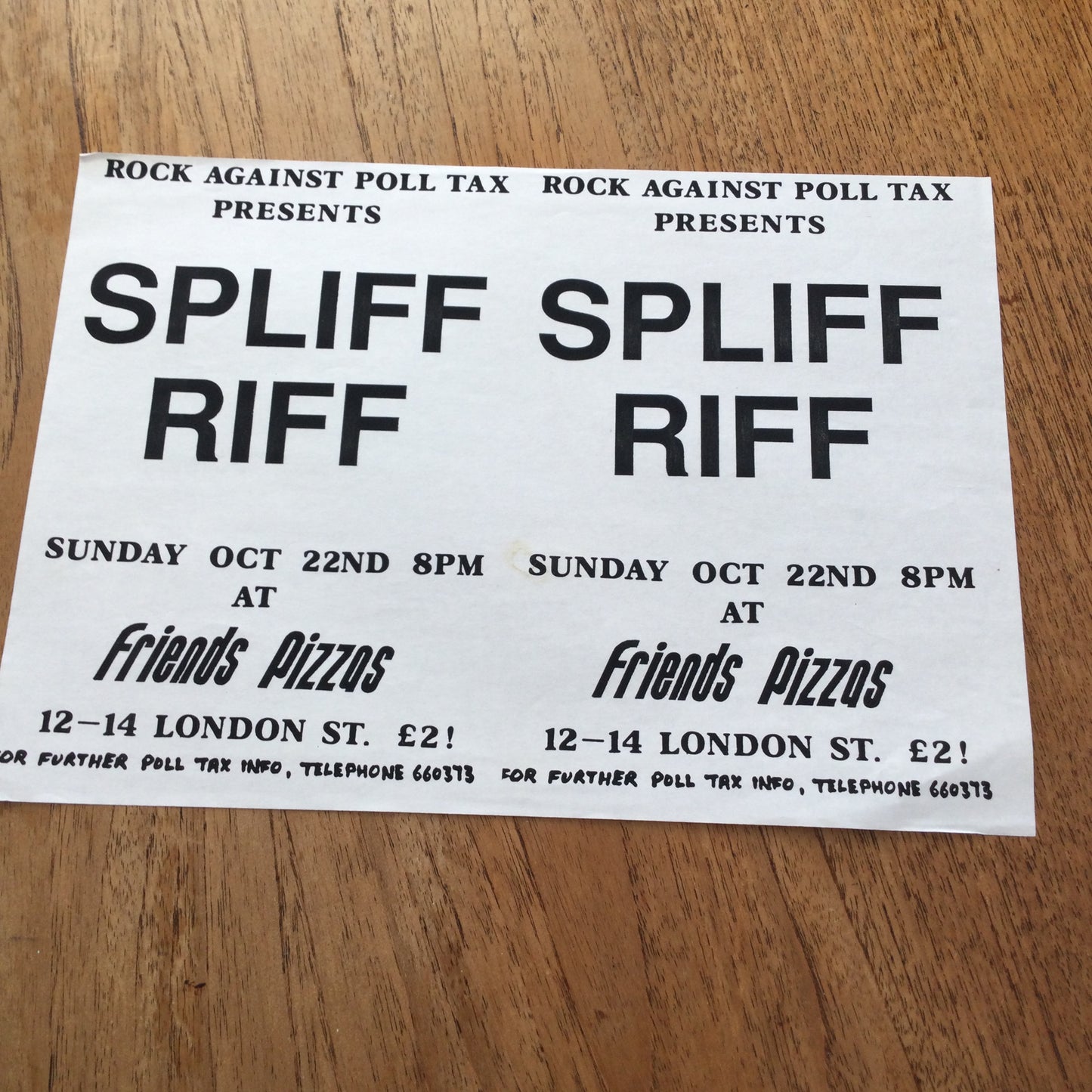1989 Rock Against Poll Tax flyer for Spliff Riff playing at Friends Pizzas, London Street, Reading