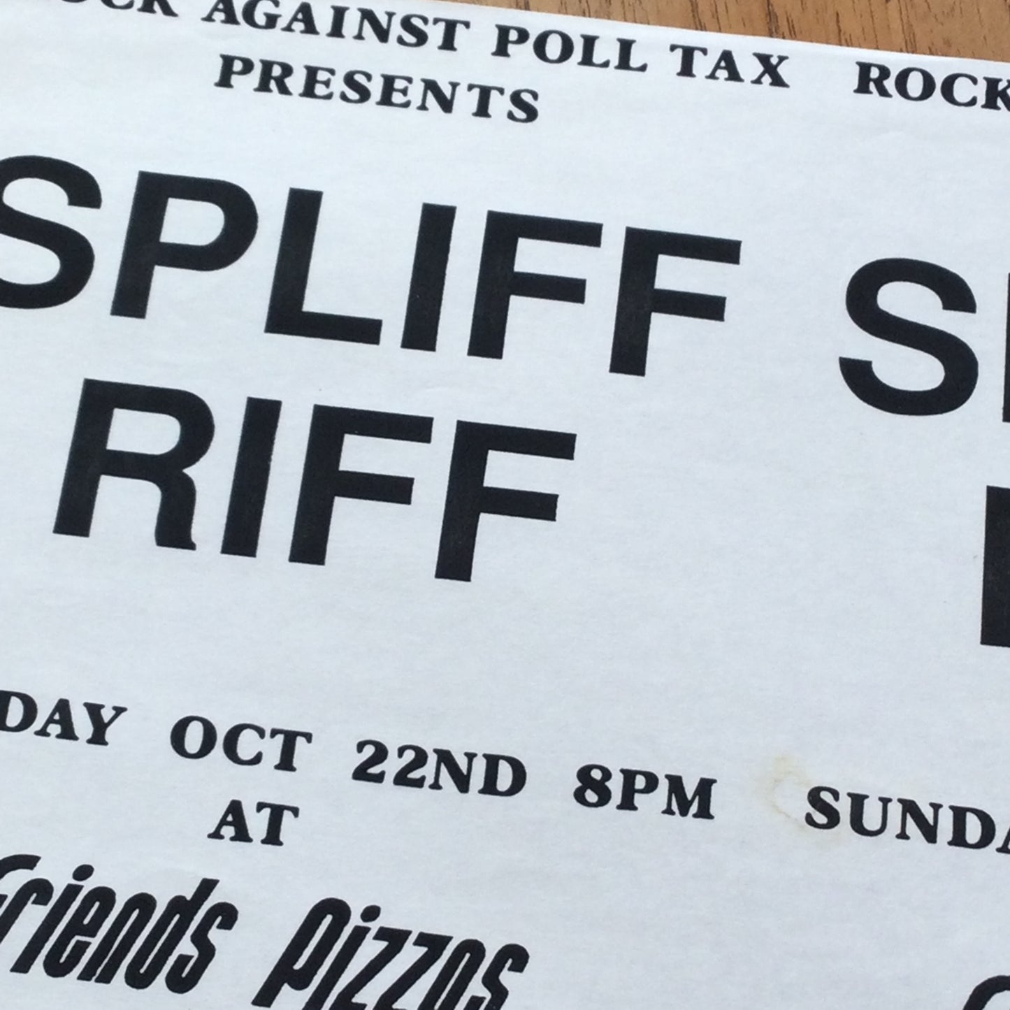 1989 Rock Against Poll Tax flyer for Spliff Riff playing at Friends Pizzas, London Street, Reading