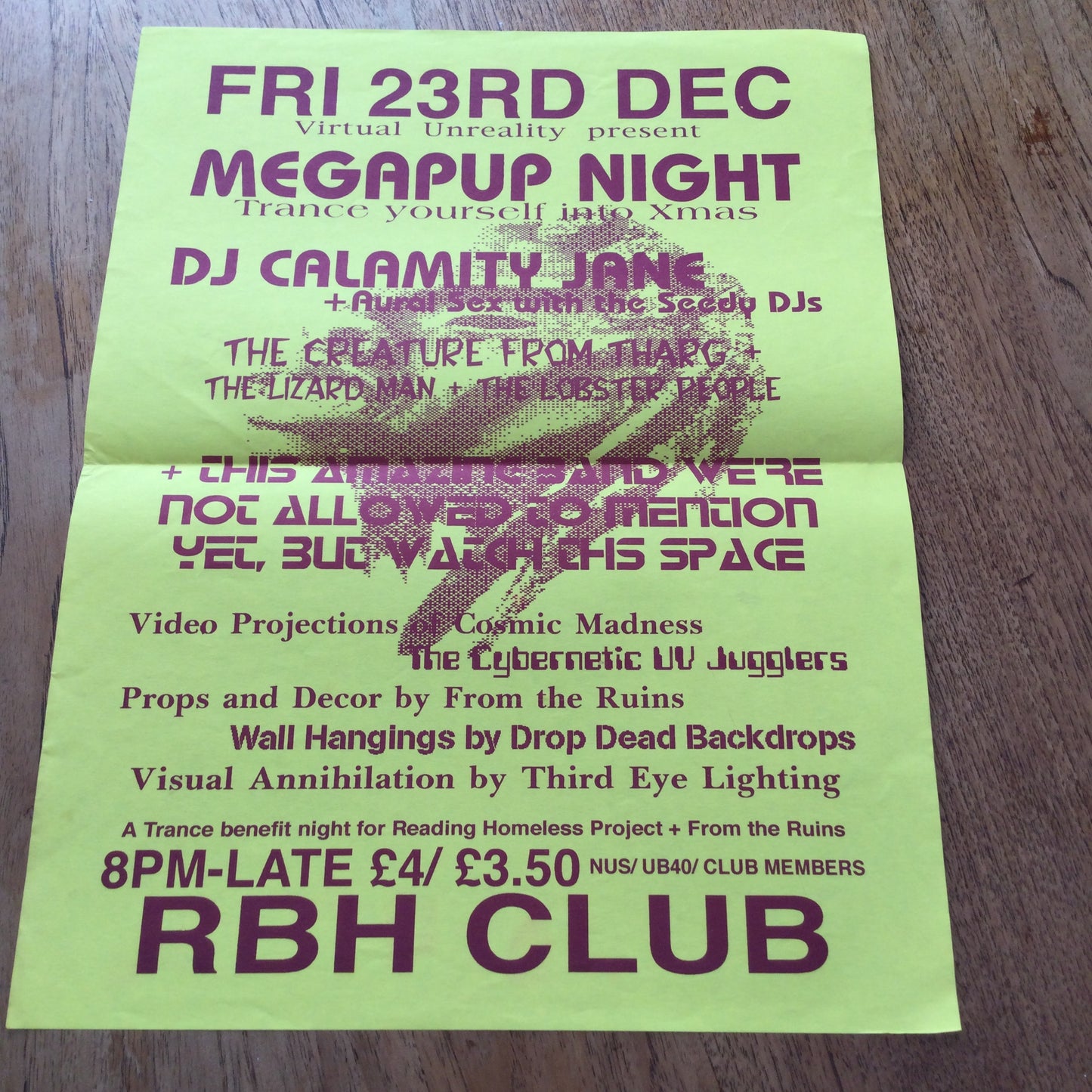 80s / 90s A3 poster rave / trance club night RBH Club, Reading. Megapup Night. DJ Calamity Jane