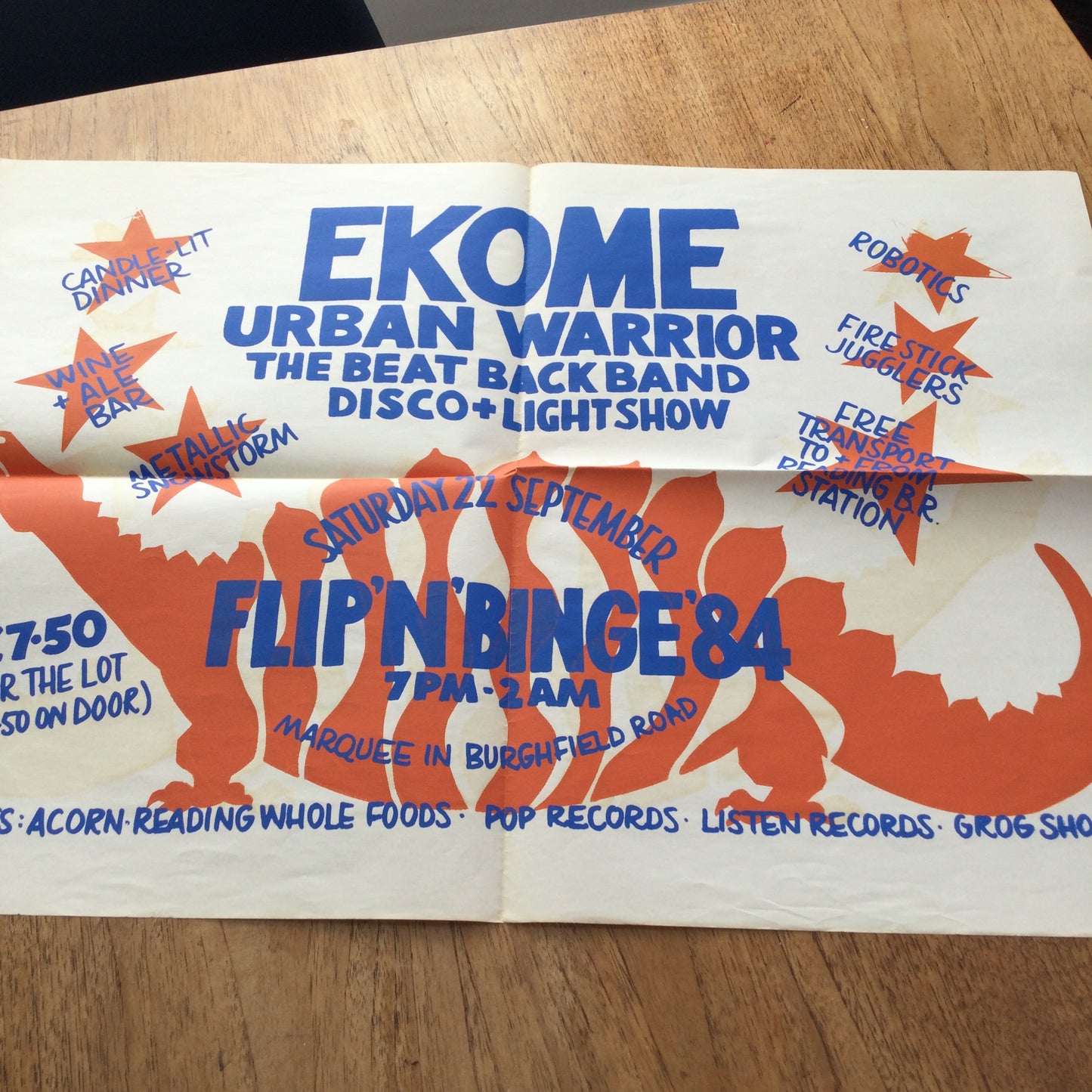 80s Rave memorabilia. Fabulous Silk screen printed A2 poster. Flip n Binge 1984. Burghfield Road, Reading