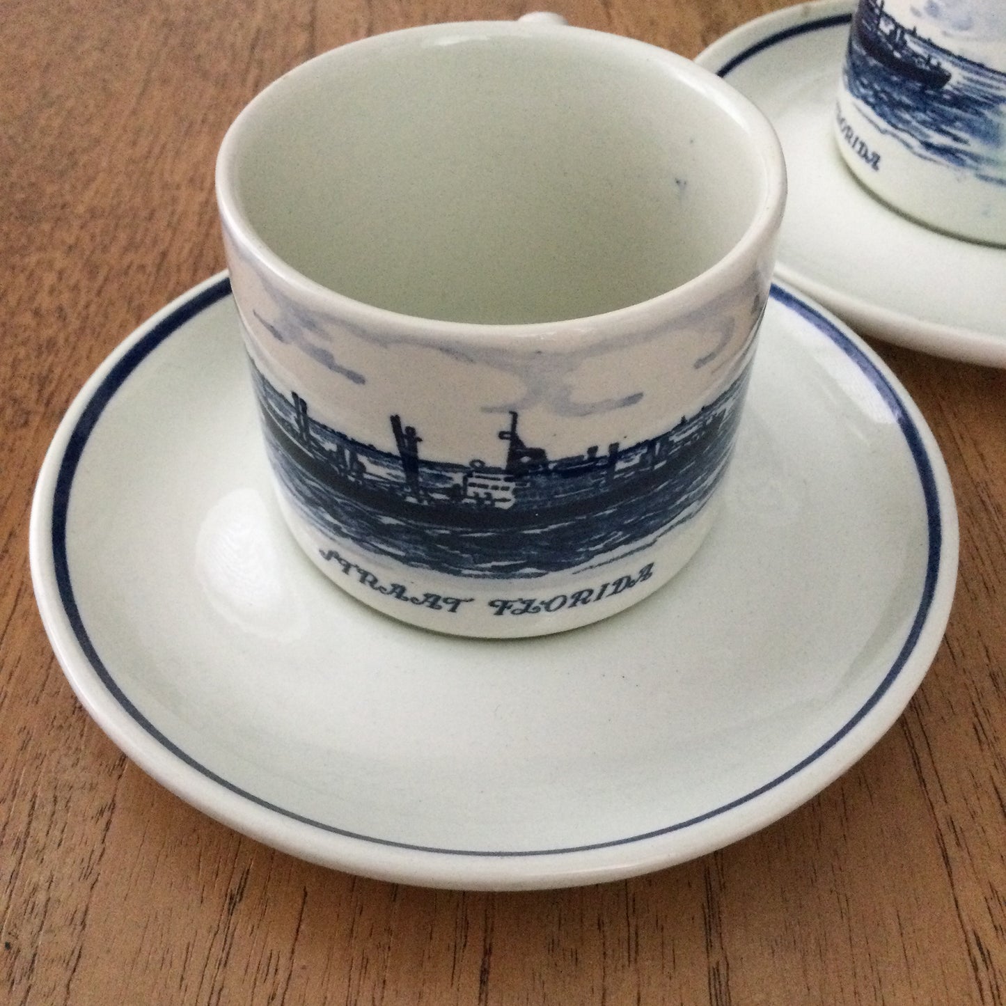 Vintage Royal Interocean Liners Tea Cups and Saucers x 2. From Straat Florida. C.1960s. Delftware.