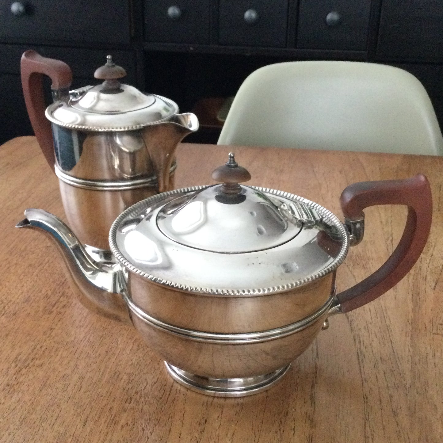 Vintage Silver Plated Walker and Hall Sheffield Coffee Pot and Tea Pot - Brown handles, beaded edge
