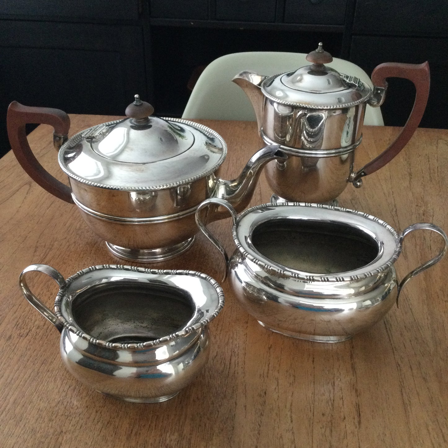 Vintage Silver Plated Walker and Hall Sheffield Coffee Pot and Tea Pot - Brown handles, beaded edge