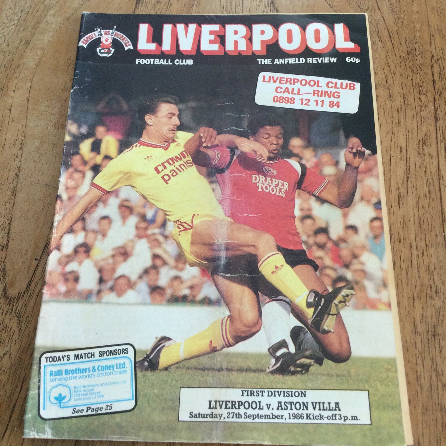 1986/87 Division 1 Liverpool v Aston Villa 27/09/86 Programme The Anfield Review. 3-3