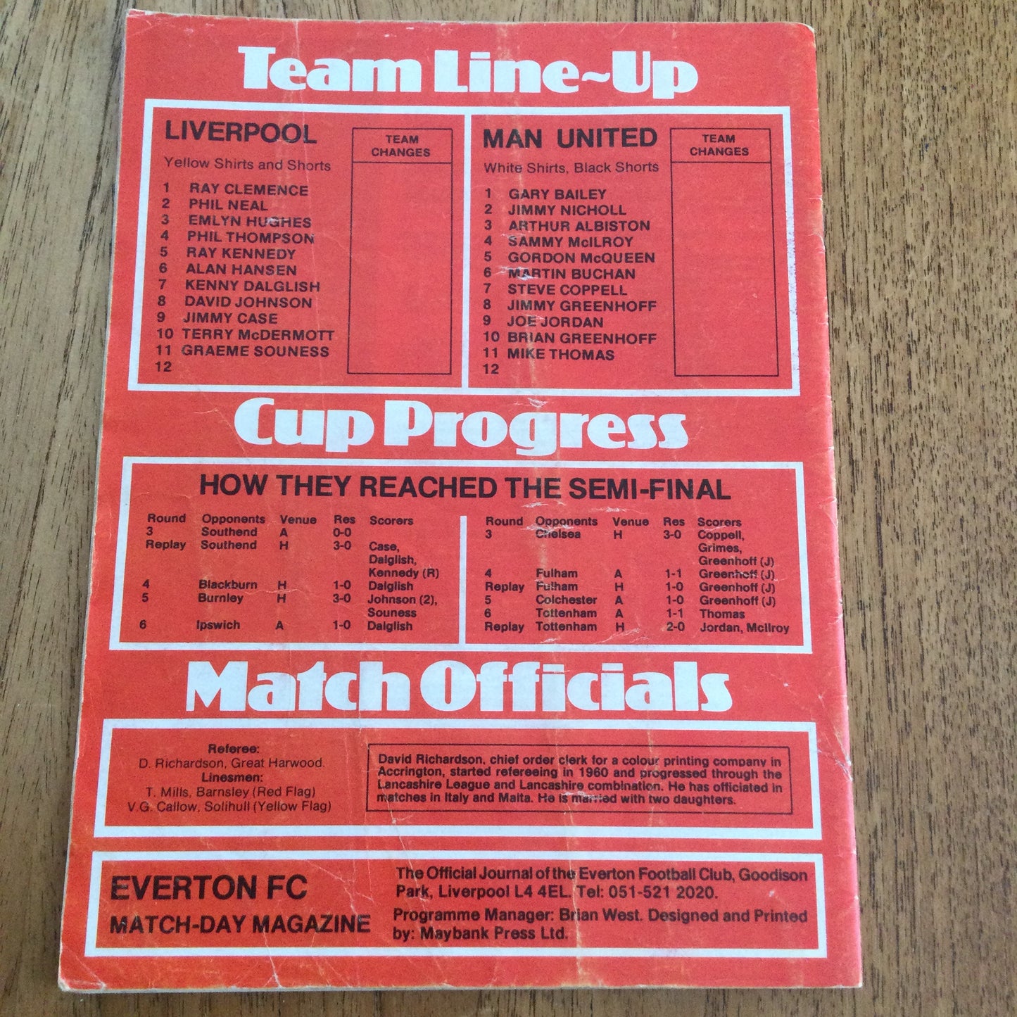 1978/79 FA Cup Semi-Final Replay Liverpool v Manchester United 18/03/78 Programme. Goodison Park