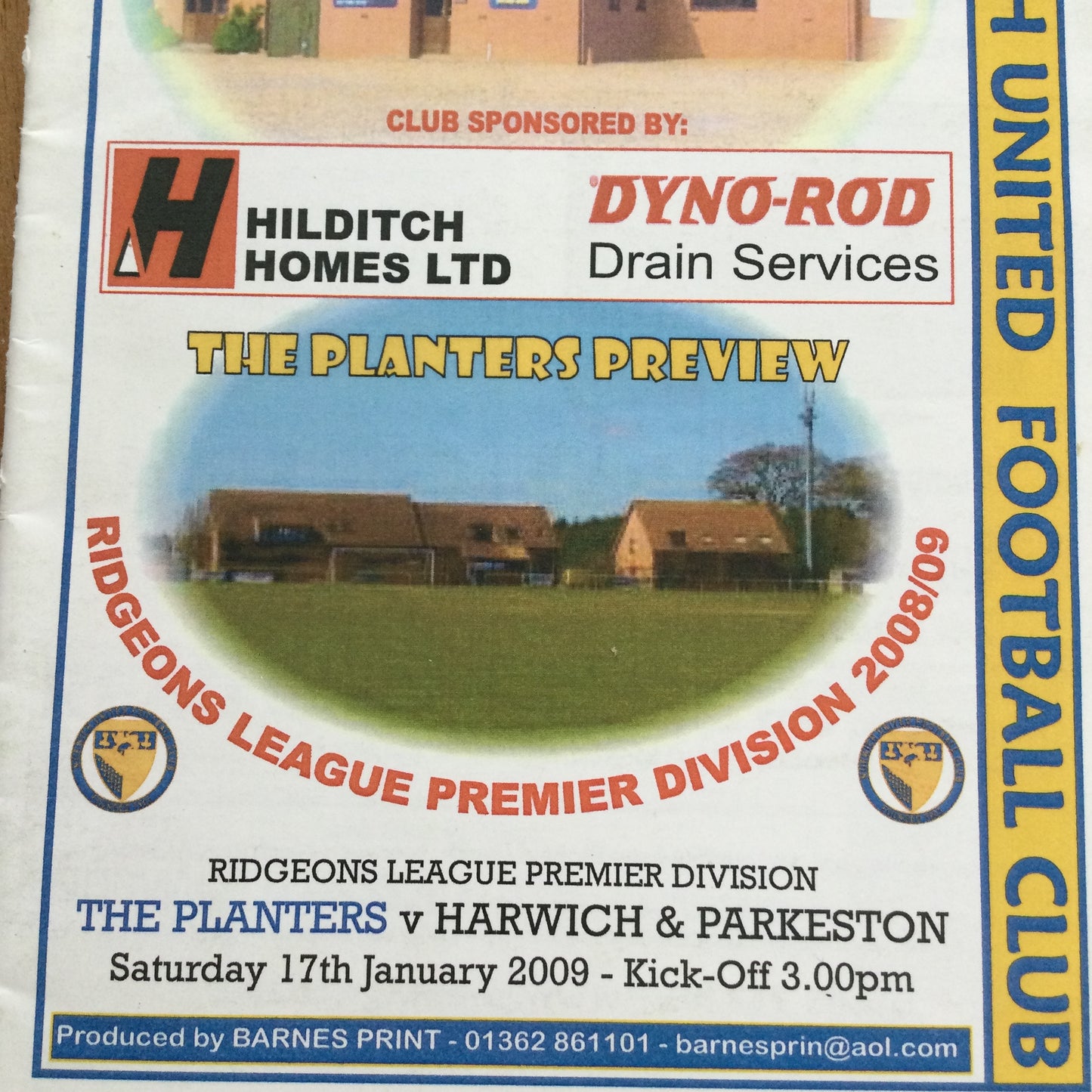 2008/09 Ridgeons League Premier Division Norwich United Planters v Harwich & Parkeston 17/01/09 Programme