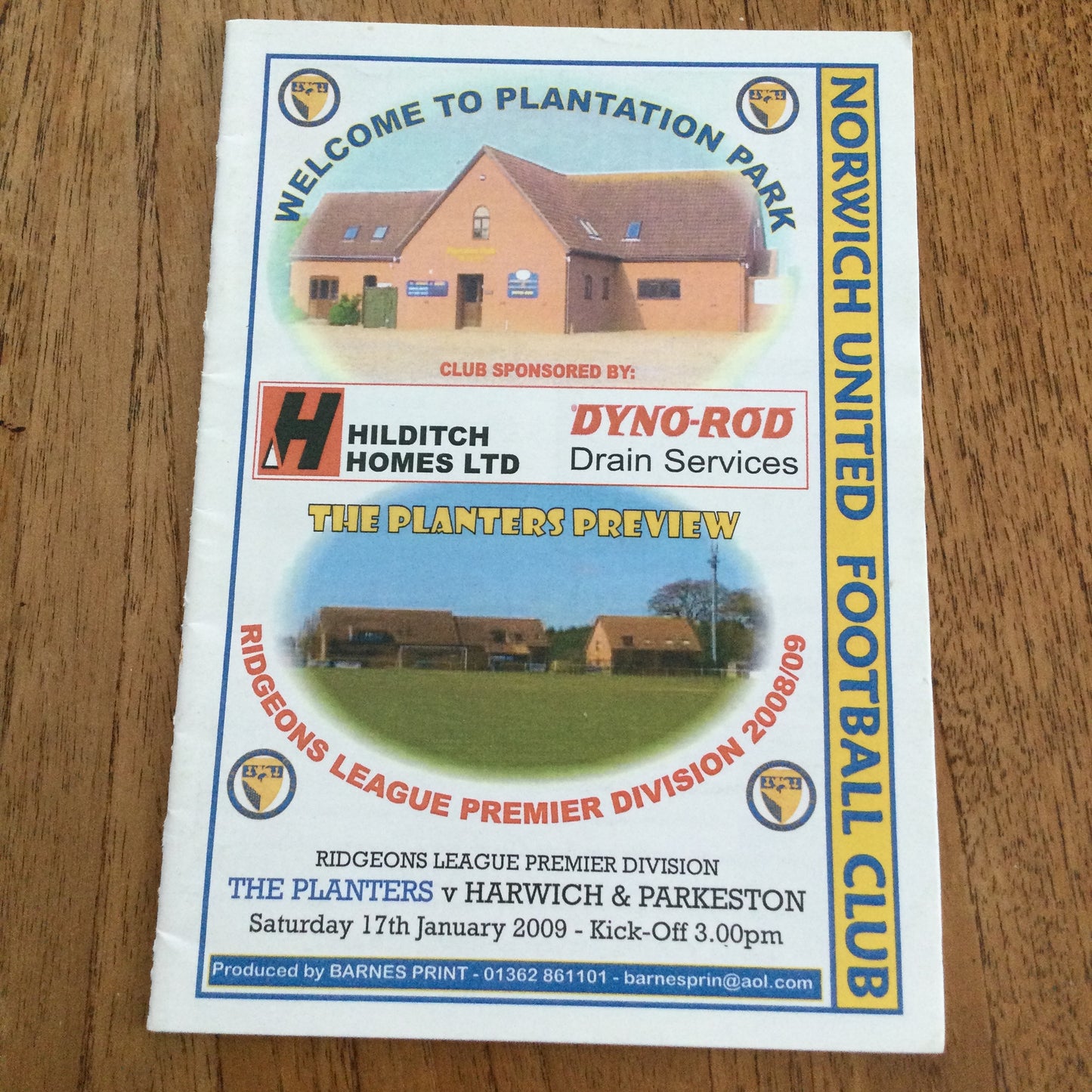 2008/09 Ridgeons League Premier Division Norwich United Planters v Harwich & Parkeston 17/01/09 Programme
