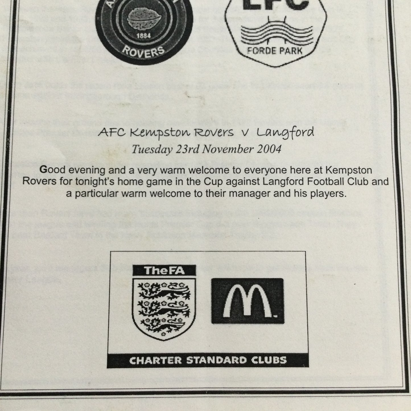 2004/05 AFC Kempston Rovers v Langford 23/11/04 Programme