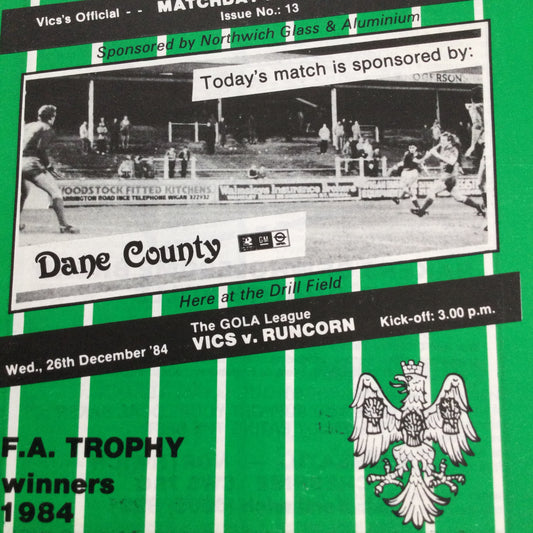 Northwich Victoria FC V Runcorn Gola League 26/12/84 1984-85 Programme. FA Trophy Winners