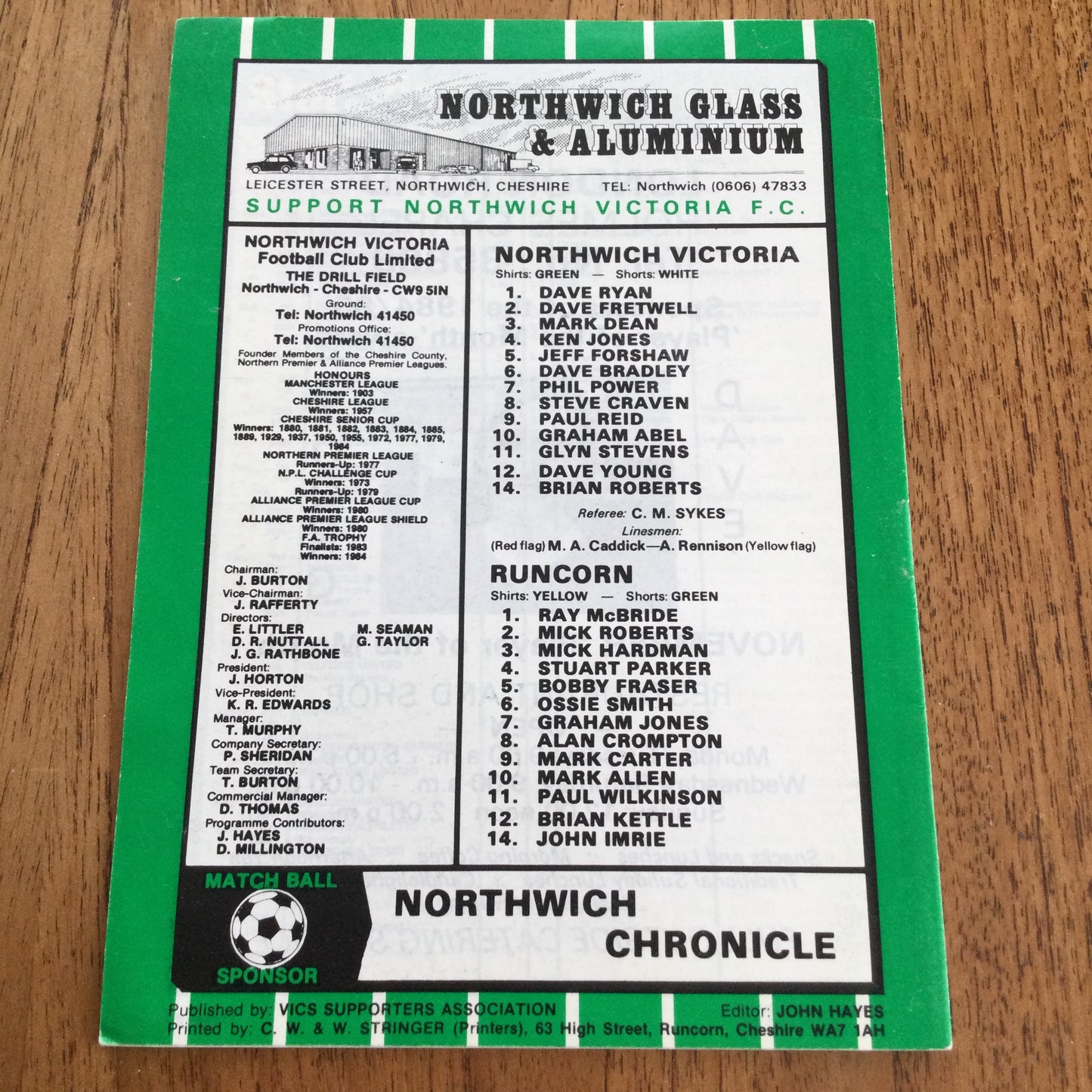 Northwich Victoria FC V Runcorn Gola League 26/12/84 1984-85 Programme. FA Trophy Winners