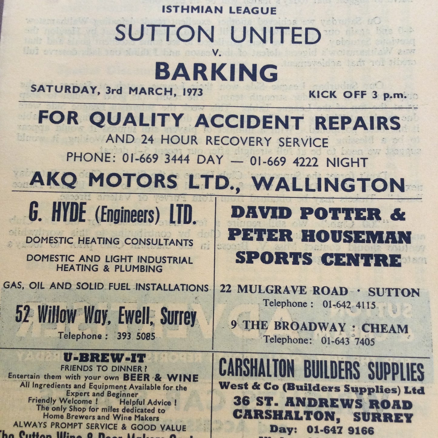 Sutton Utd v Barking Isthmian League 03/03/73 1972/73 Programme. 70s football memorabilia.