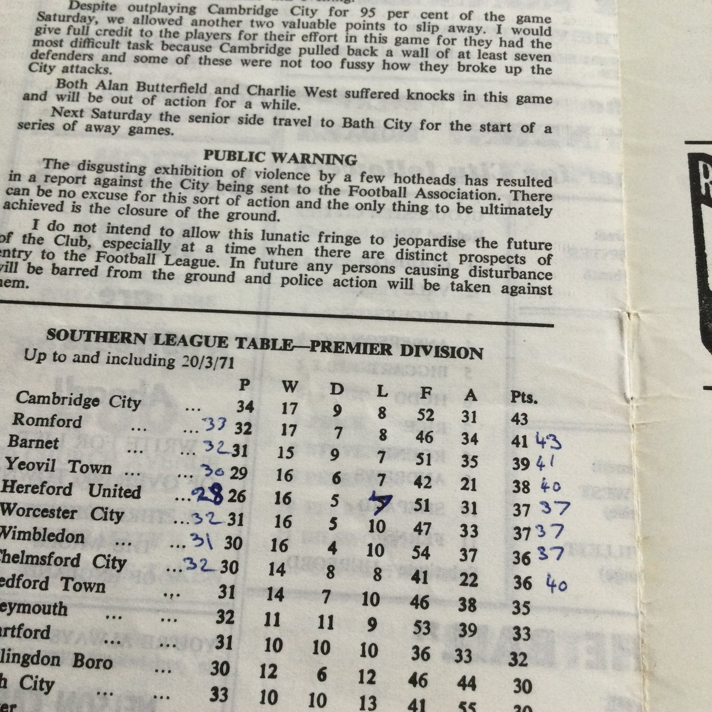 Chelmsford City v Gloucester City Southern League Premier Division 22/03/71 1970/71 Programme.