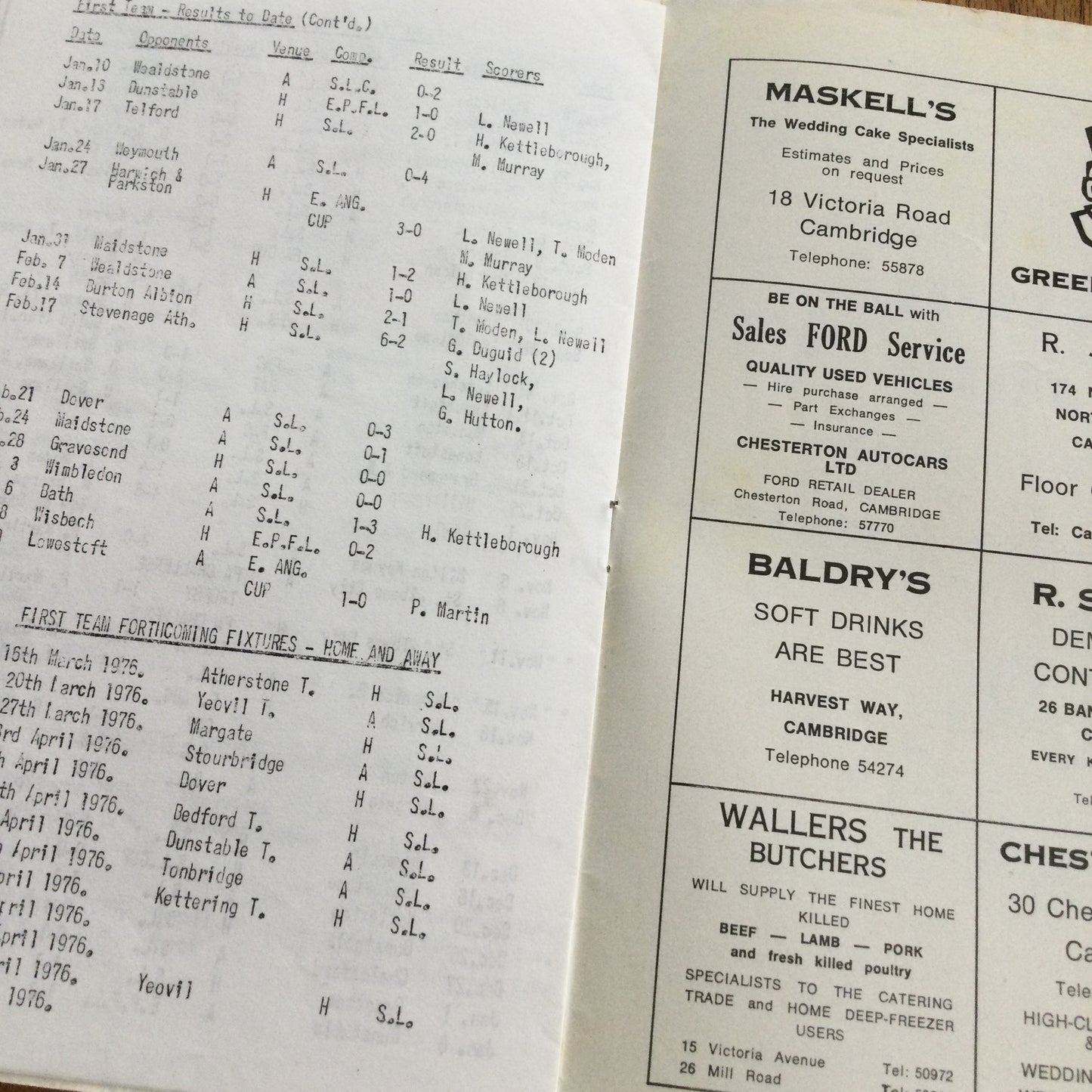 Cambridge City v Hillingdon Borough Southern League Premier Division 13/03/76 1975/76 Programme.