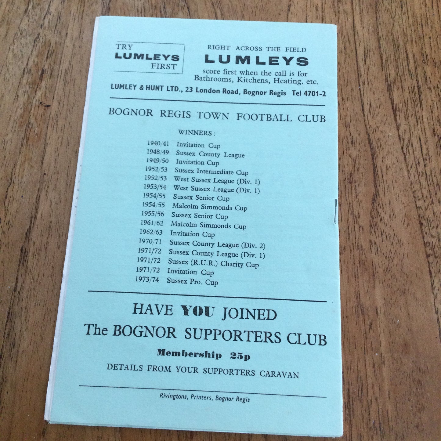 Bognor Regis Town v Eastbourne Utd Southern League 17/12/75 1975/76 Programme