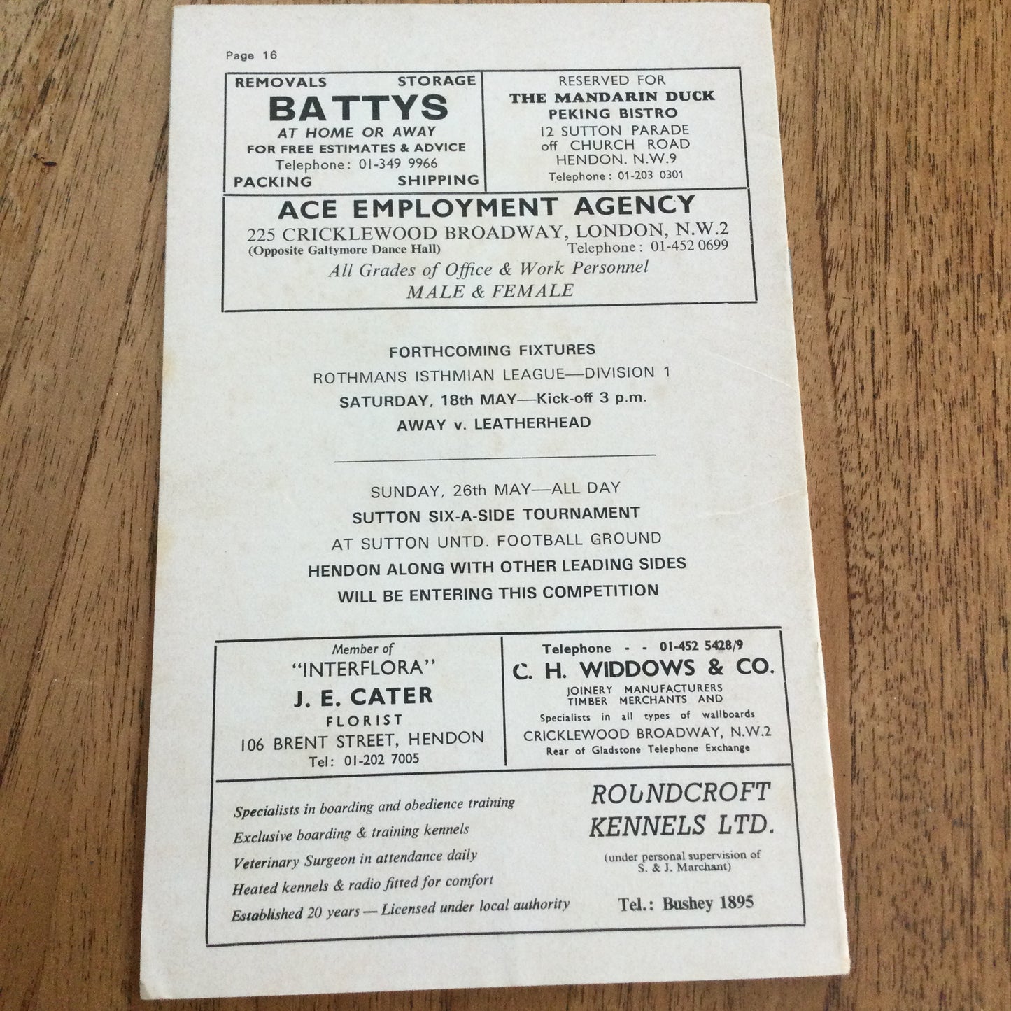 Hendon FC v Bishop's Stortford. Rothman's Isthmian League 16/05/74 1973/74 Programme.