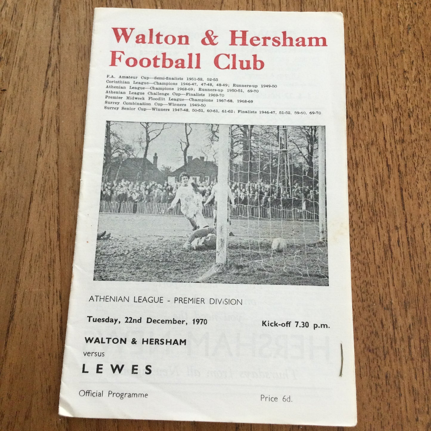Walton & Hersham v Lewes. Athenian League Premier Division. 22/12/70 1970/71 Programme.