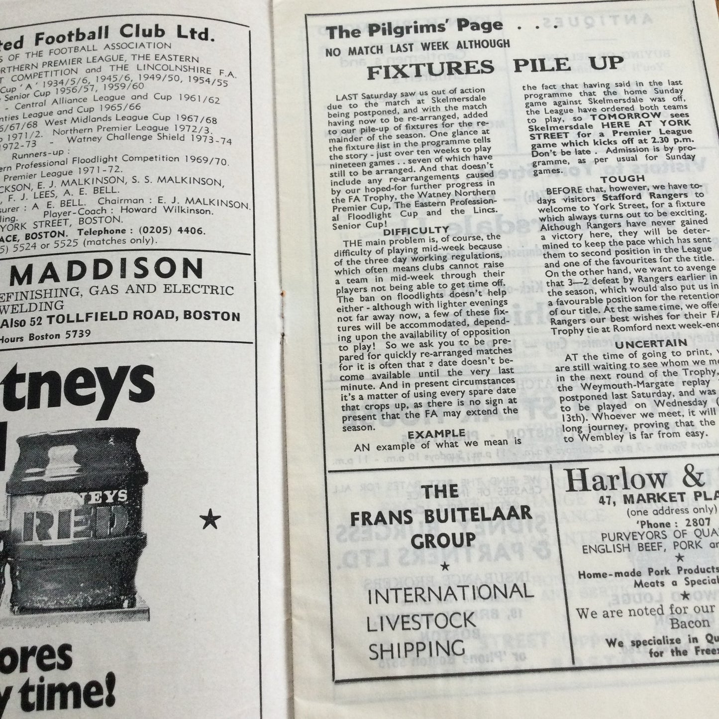 Boston Utd v Stafford Rangers. Northern Premier League. 16/02/74 1973/74 Programme.