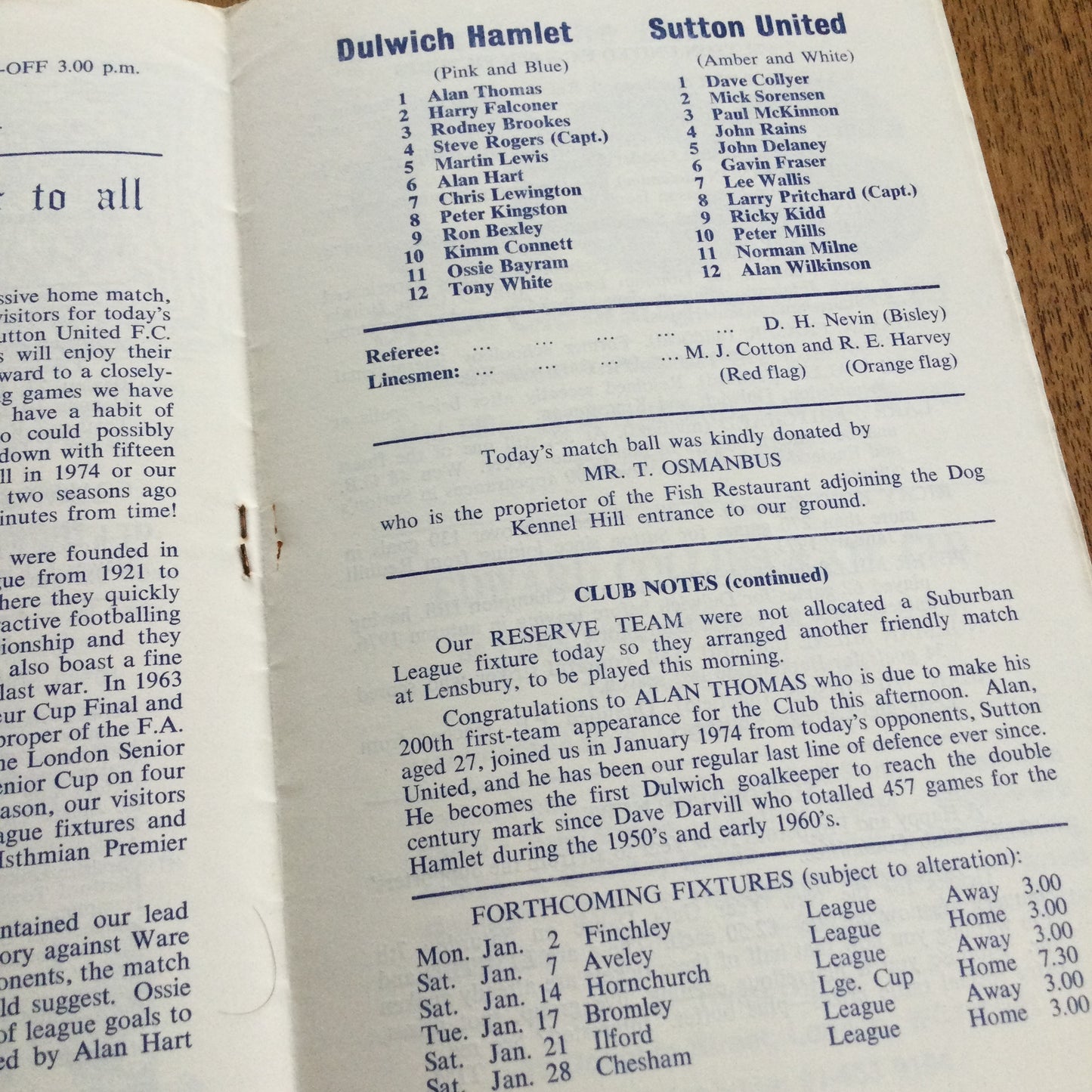 Dulwich Hamlet v Sutton Utd. Surrey Senior Cup - 1st Round. 31/12/77 1977/78 Programme.