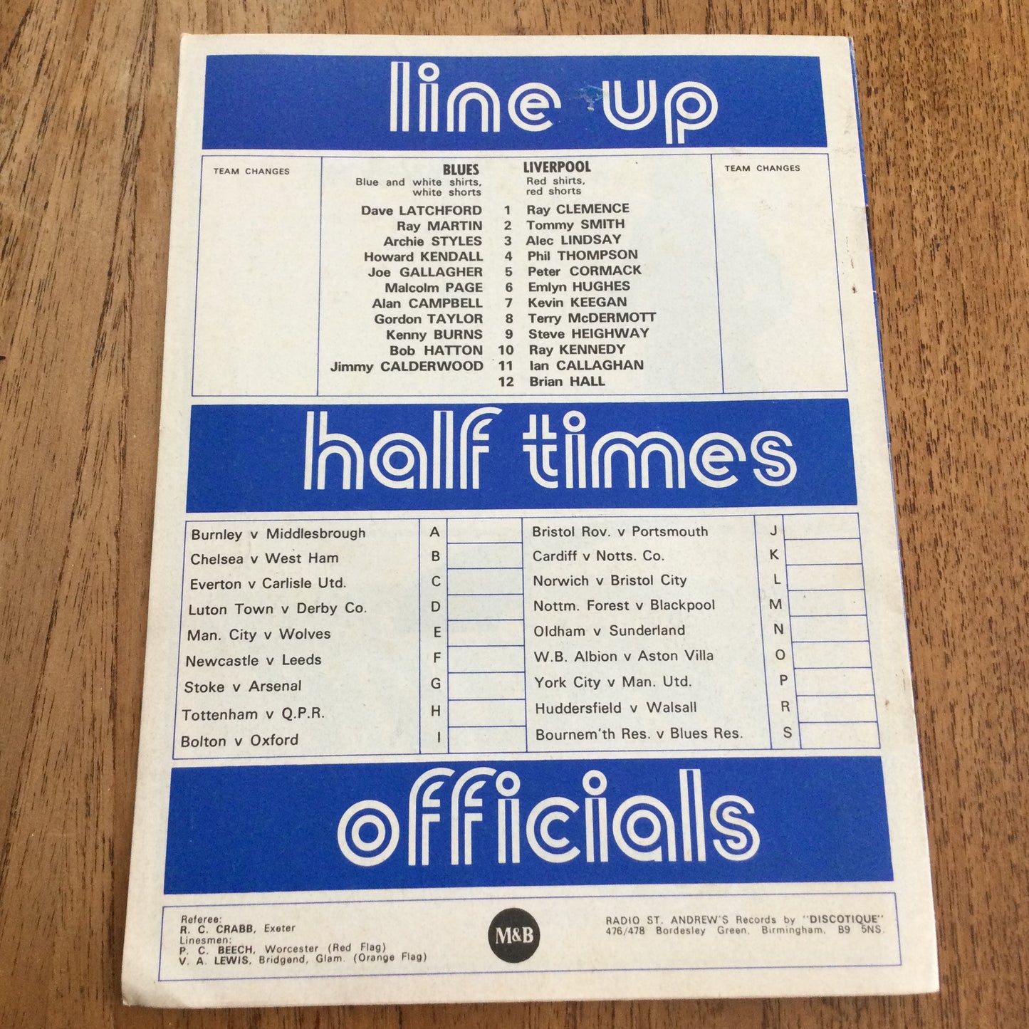 Birmingham City v Liverpool. 1st Division. 21/12/74 1974/75 Programme. Blues News