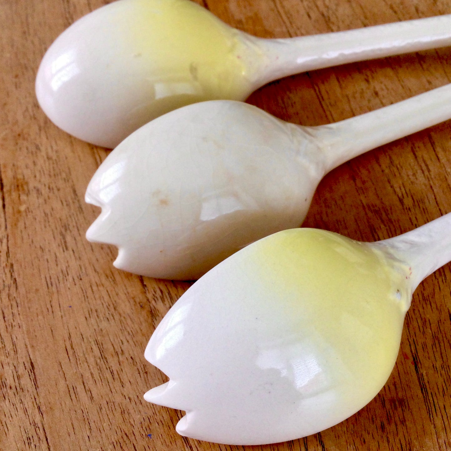 Vintage 1930s Carlton Ware Salad Servers set of 3. Yellow with green salad leaf ends.