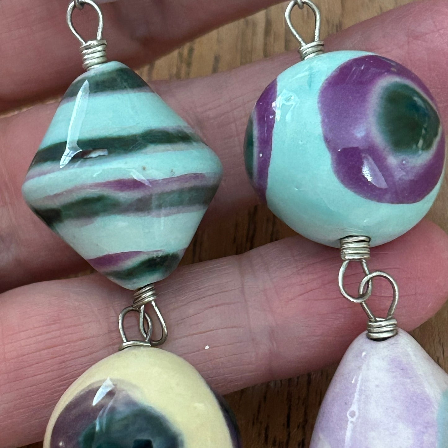 Beautiful Handcrafted Ceramic Bead Artisan Necklace – Muted Purple, Green, Lemon, Aqua – 50 cm with Quality T-Bar Fastening