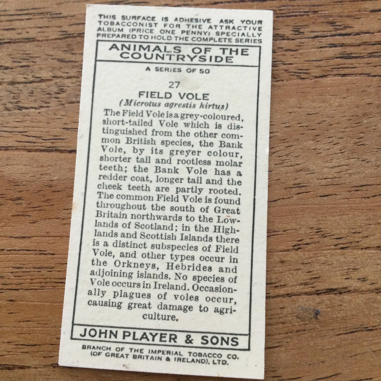 Animals of the Countryside. Players Cigarette Cards. 1939. 1930s. Sold individually so you can take your pick.