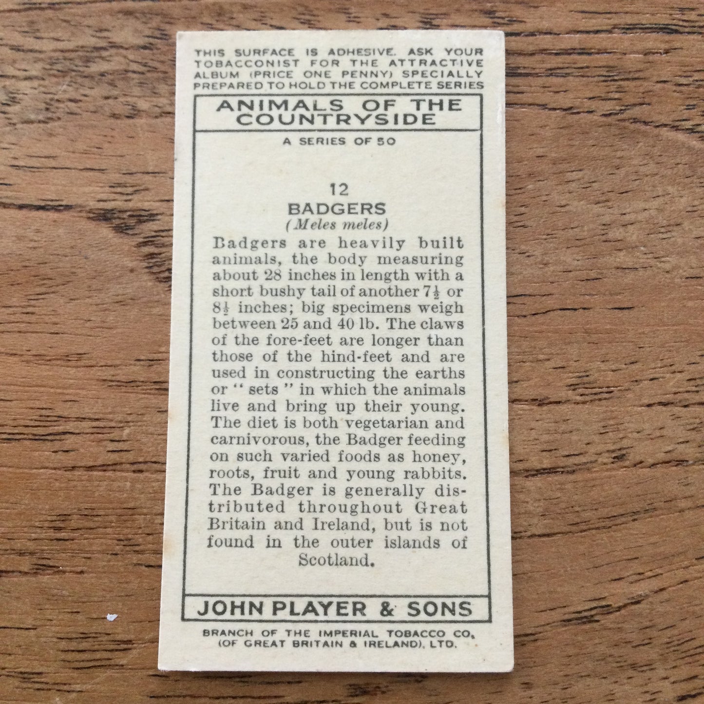 Animals of the Countryside. Players Cigarette Cards. 1939. 1930s. Sold individually so you can take your pick.